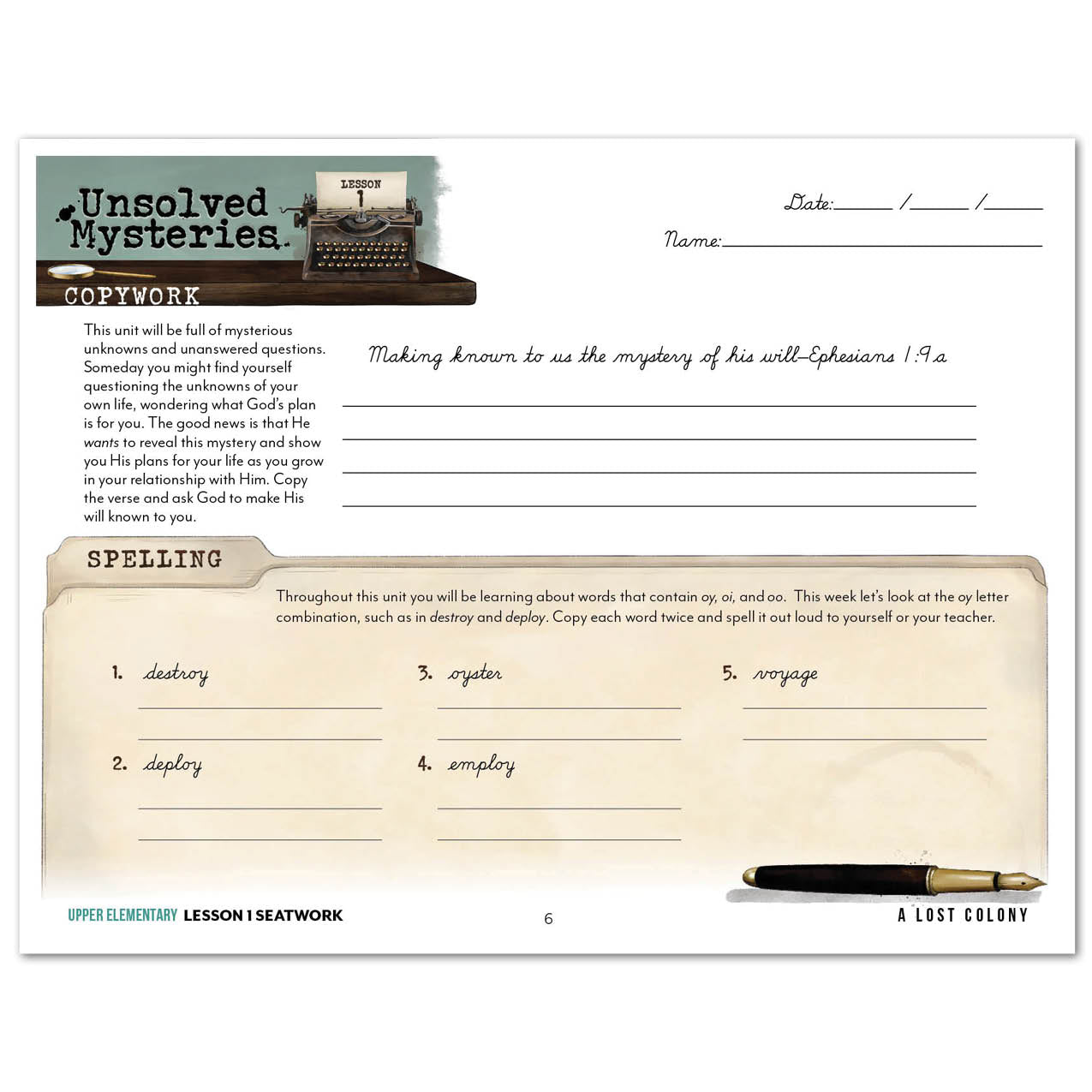 Unsolved Mysteries Homeschool Unit Study Printed Seatwork Journal Cursive Upper Elementary Lesson 1 Copywork and Spelling