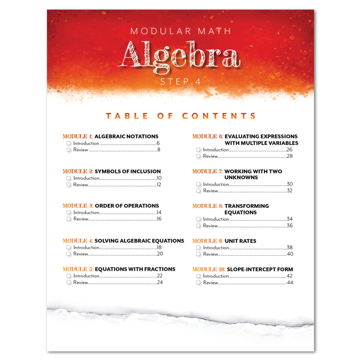 A table of contents page for a Modular Math Algebra Step 4 educational booklet, featuring a red and orange textured header, black text on a white page, and a torn-paper effect at the bottom.