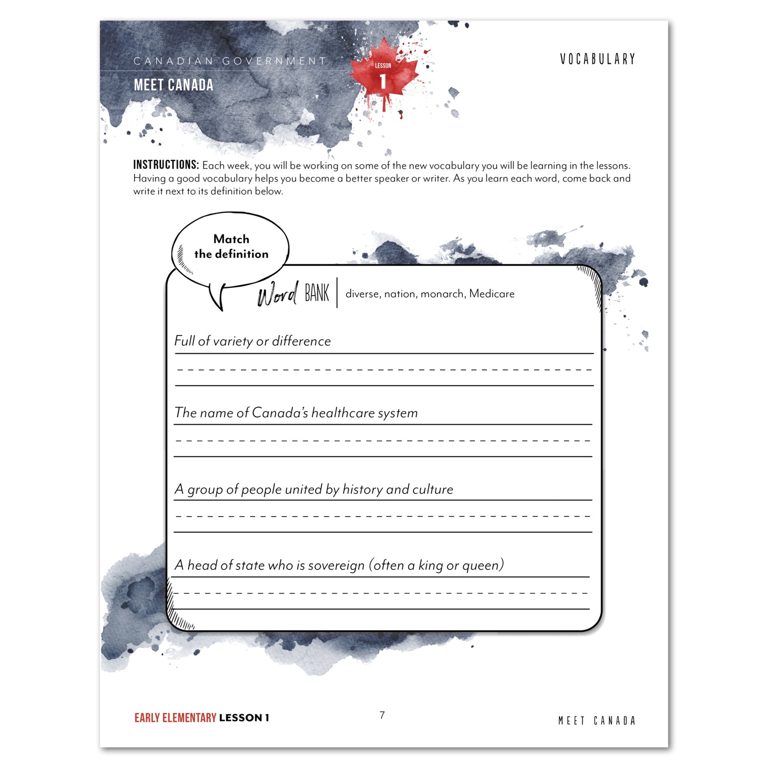 Canadian Government Homeschool Unit Study Printed Early Elementary Student Book Daily Lesson 1 Vocabulary