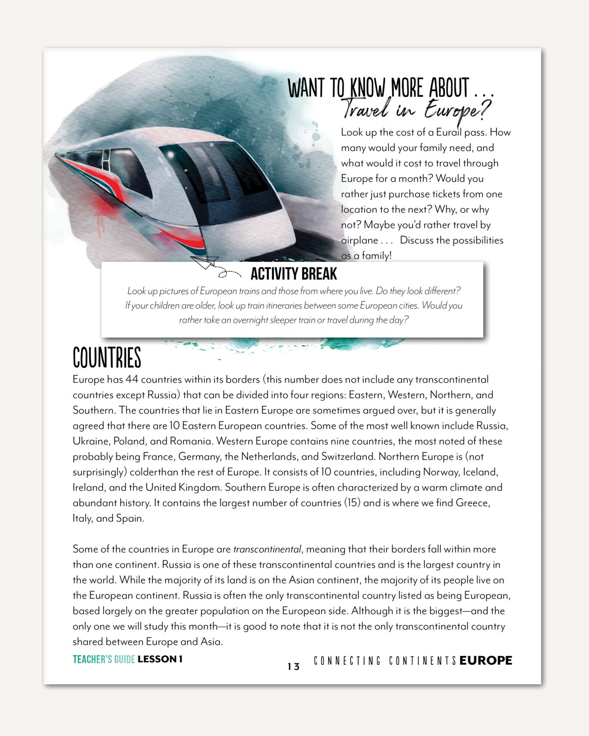 Europe homeschool unit study printed teacher's guide lesson one part two