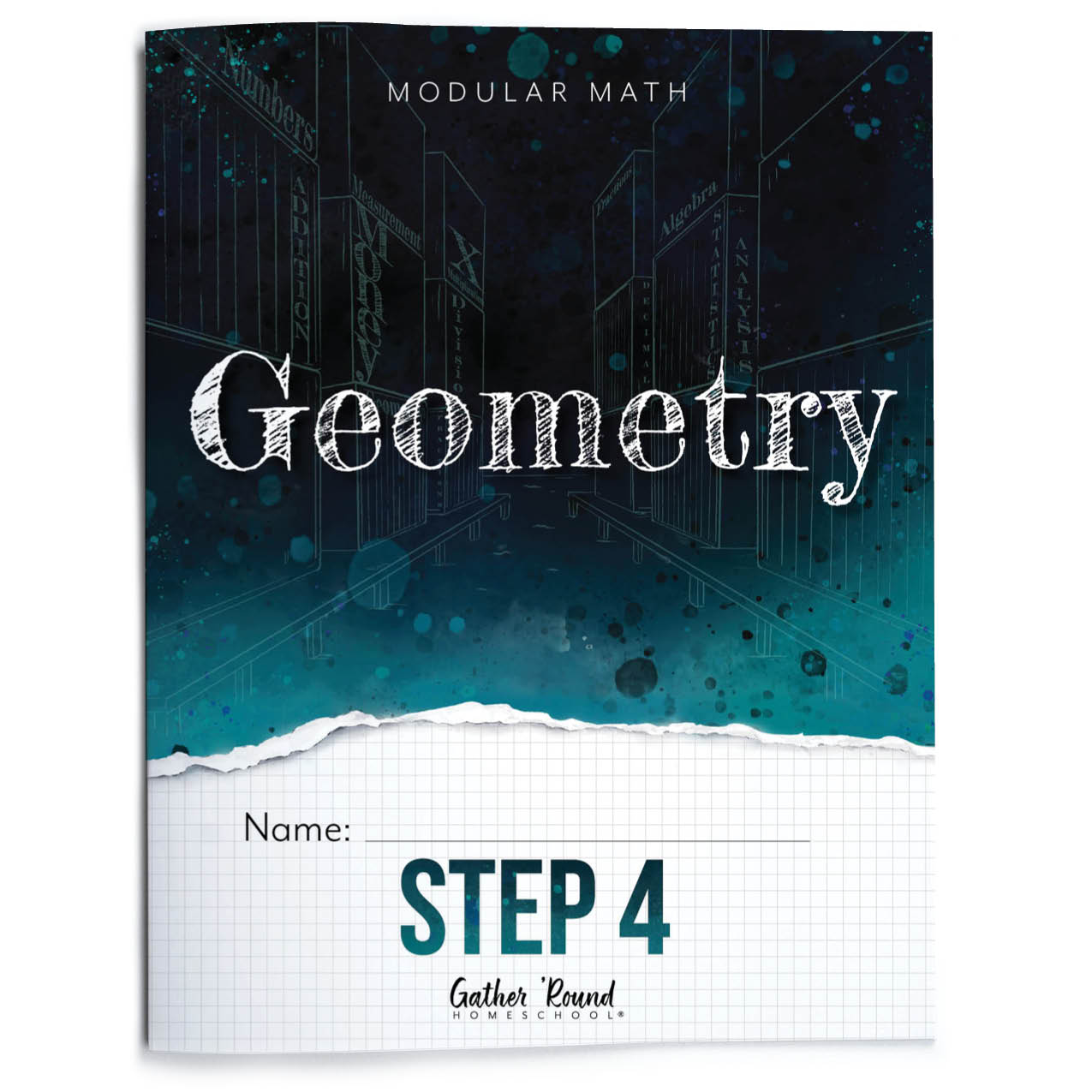 Geometry textbook with a dark cover and grid lines on a white background
