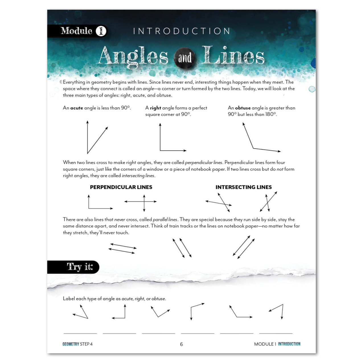 Educational page about angles and lines with text and diagrams on a blue and white background.