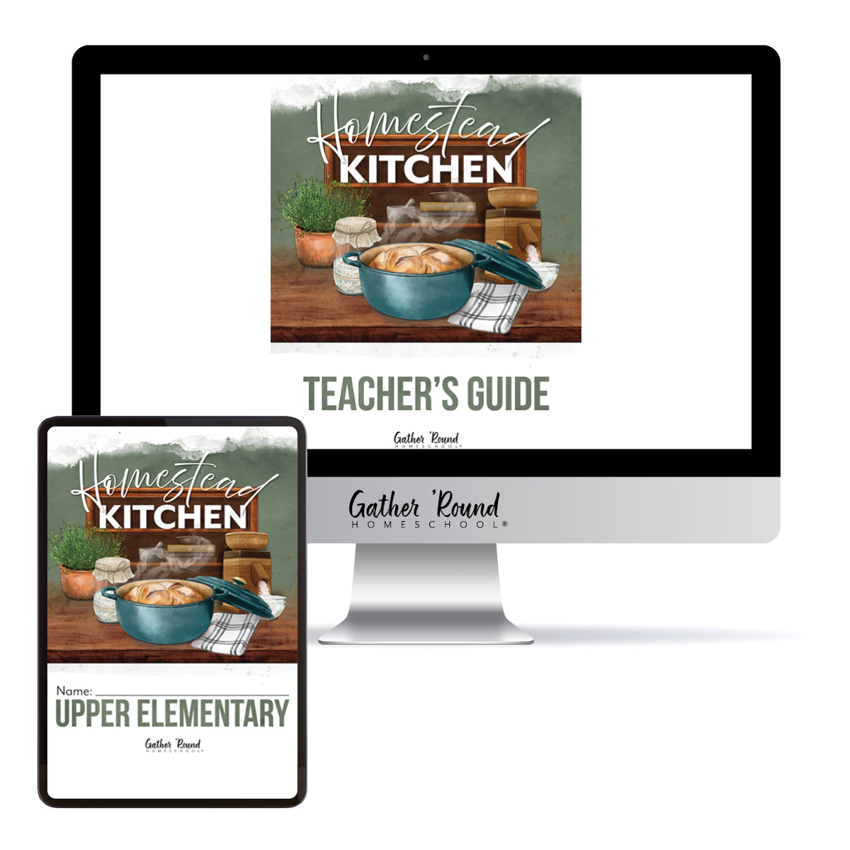 Digital product mockup showing a book cover titled 'Homesteading Kitchen' on a desktop monitor and tablet screen, with text reading 'Teacher's Guide' and 'Upper Elementary' on a white background.