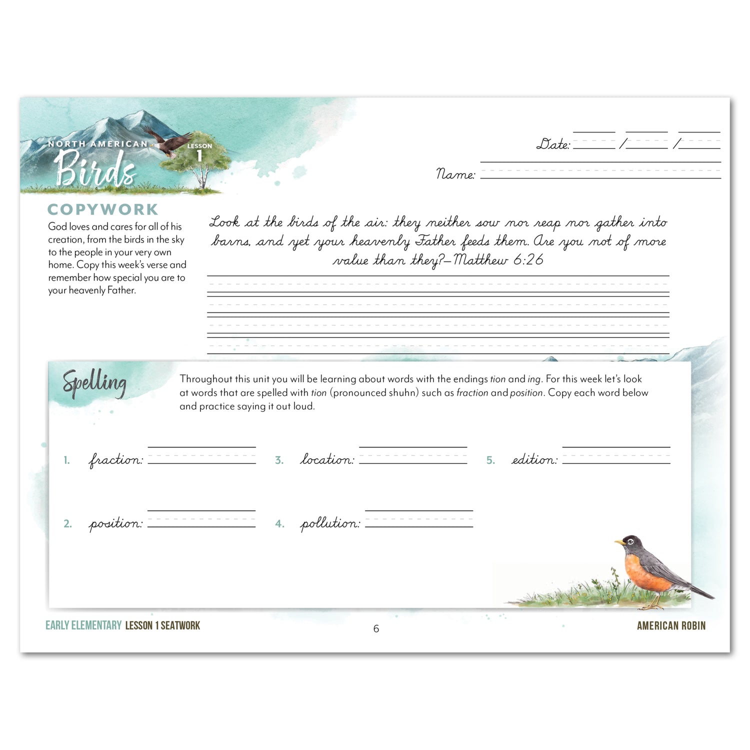 North American Birds part two homeschool unit study print student seatwork journal in cursive for early elementary lesson one