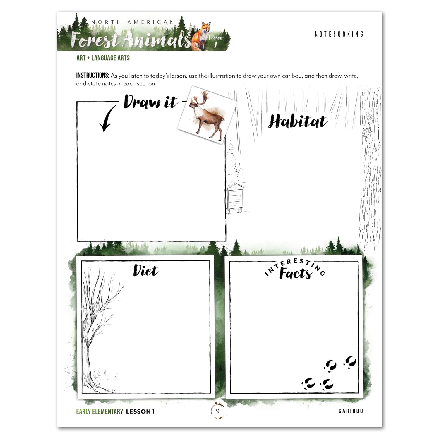 North American Forest Animals homeschool unit study print student workbook early elementary lesson one