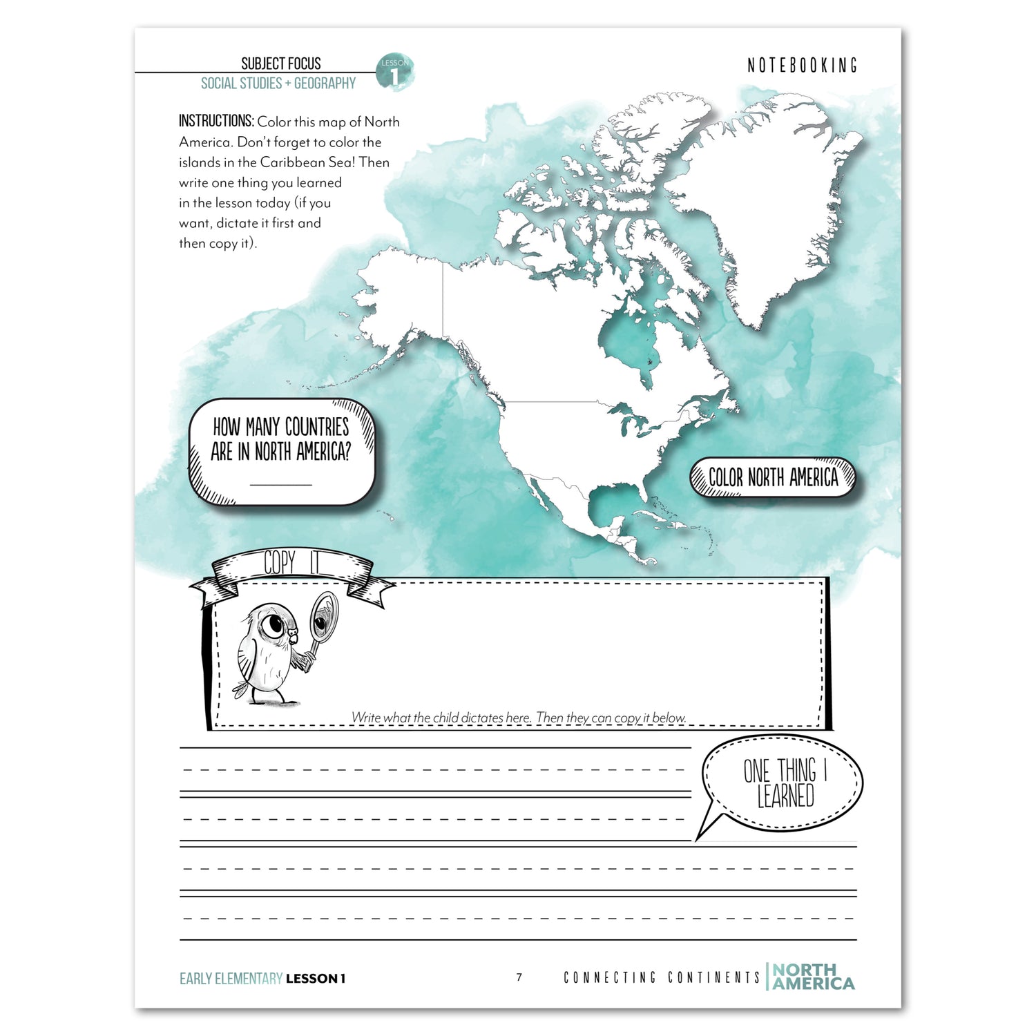 North America homeschool unit study print student workbook early elementary lesson one