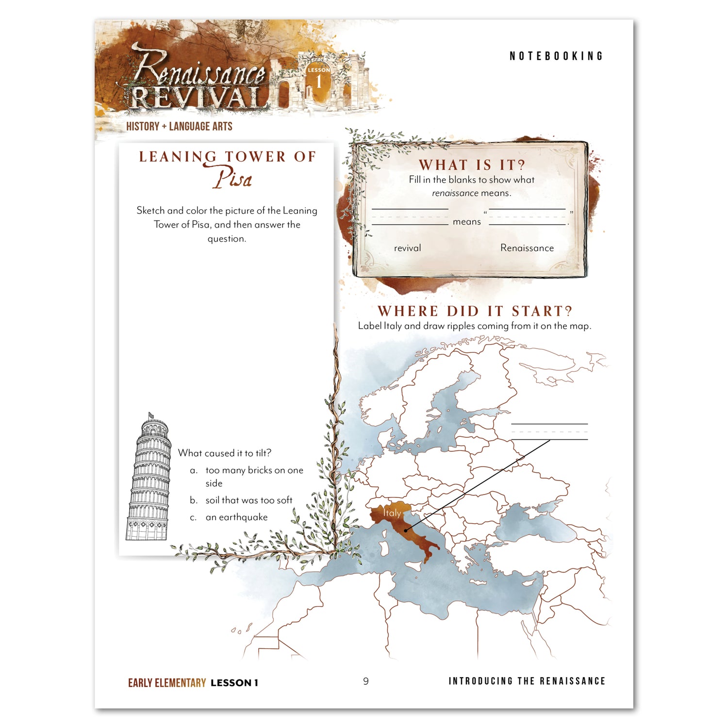Renaissance and Revival Homeschool Unit Study Printed Digital Early Elementary Student Book Lesson 1 Notebooking