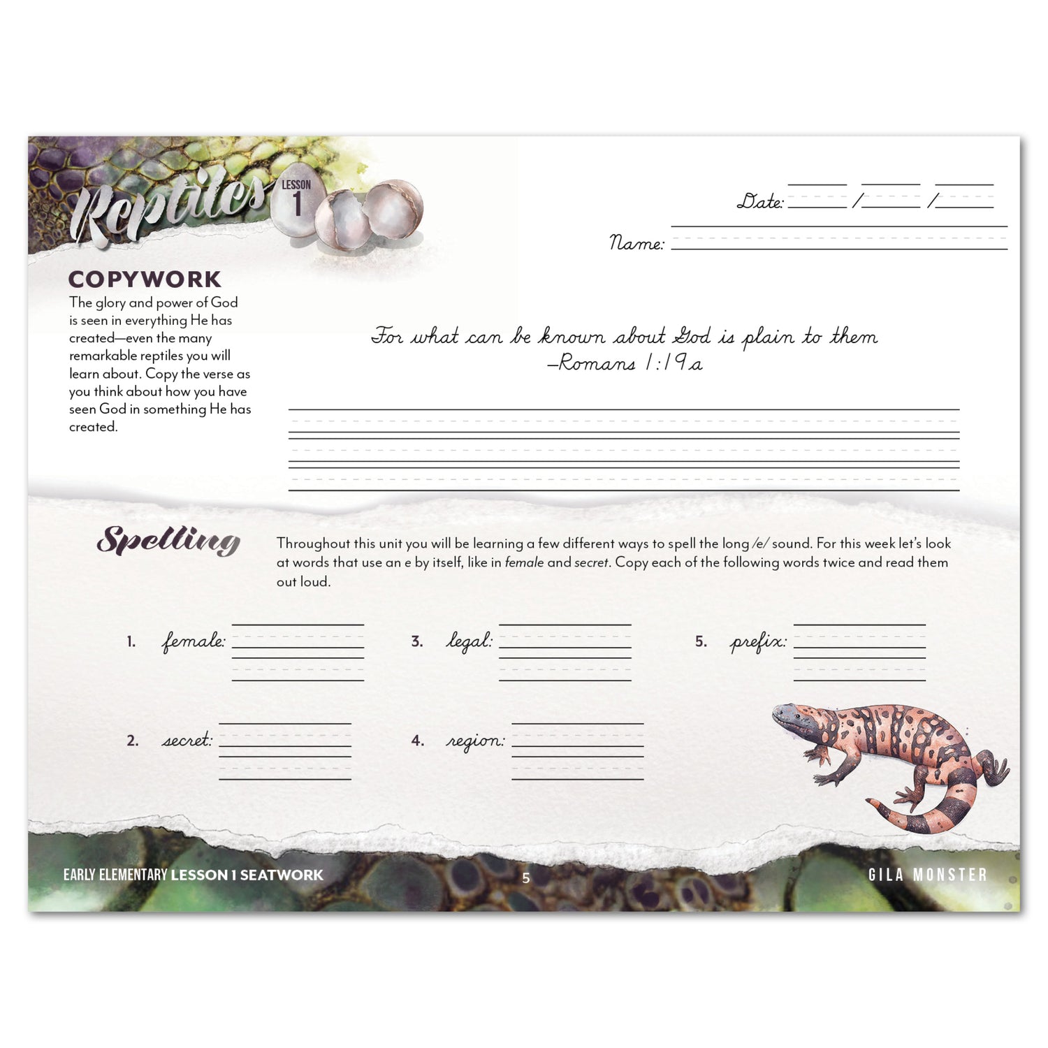 Reptiles homeschool unit study printed student seatwork journal in cursive for Early Elementary worksheet