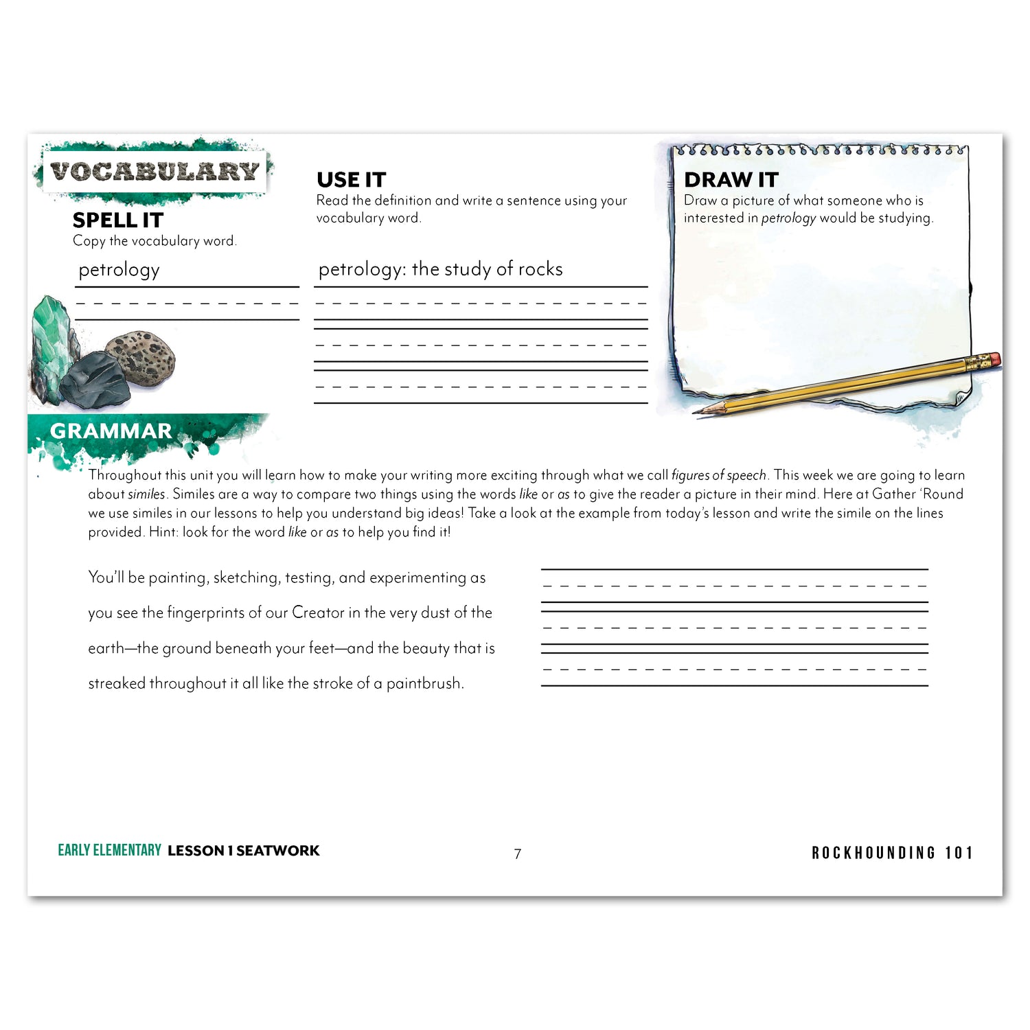 Rocks + Minerals homeschool unit study printed student seatwork journal in manuscript for Early Elementary worksheet