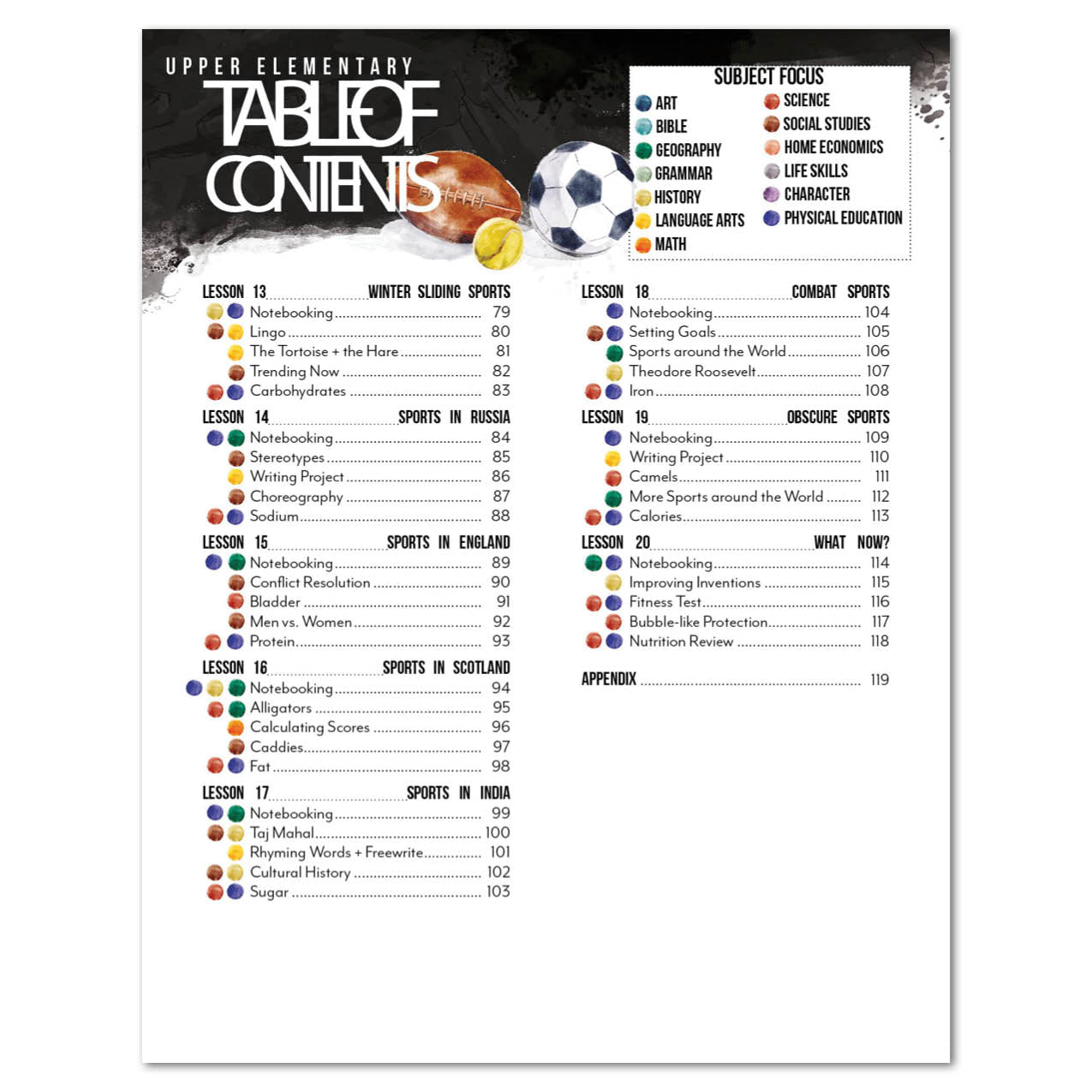 Sports + PE homeschool unit study print student workbook upper elementary table of contents part two
