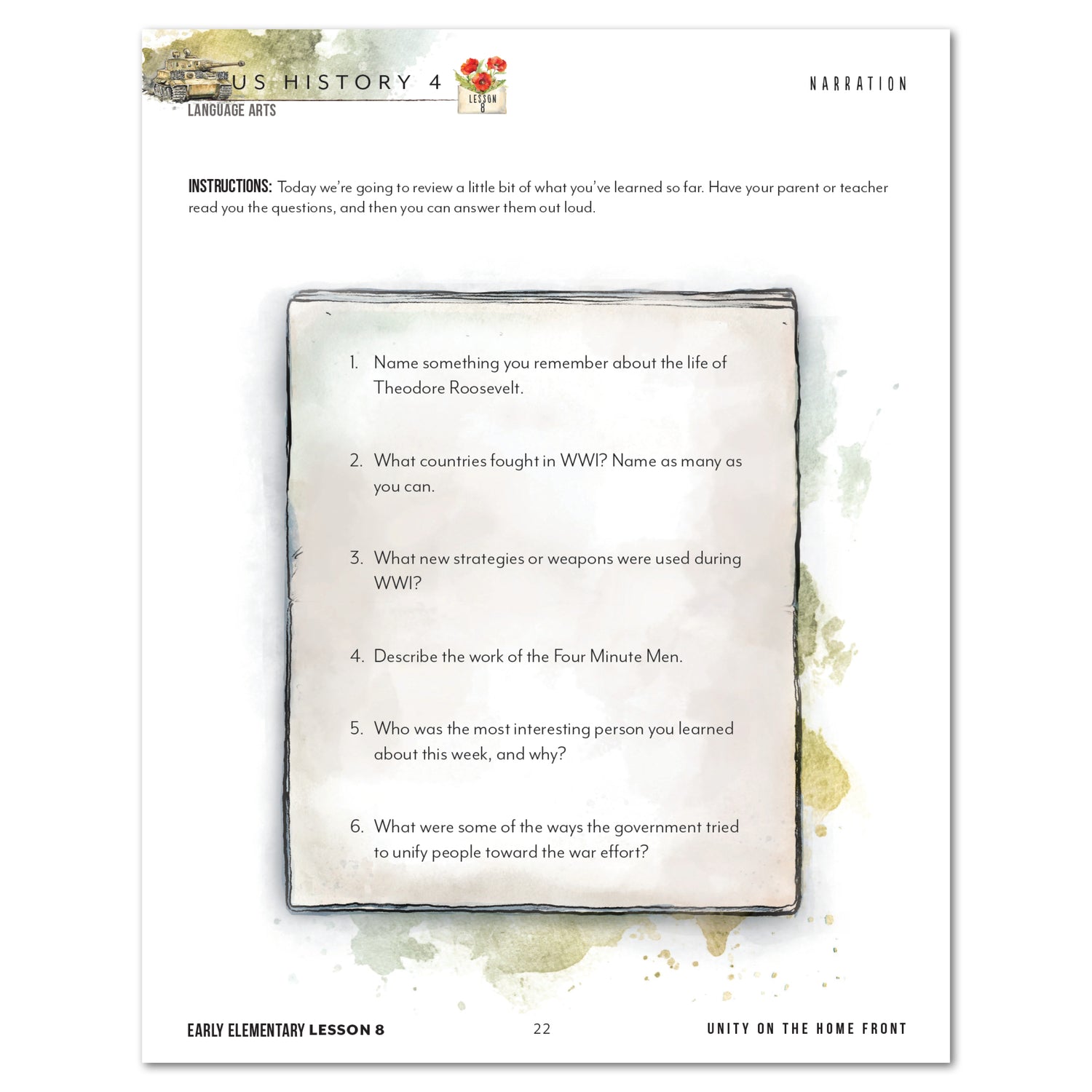 US History 4: War & Reformation: 1900-1945 Homeschool Unit Study Printed Early Elementary Student Book Lesson 8 Narratoion