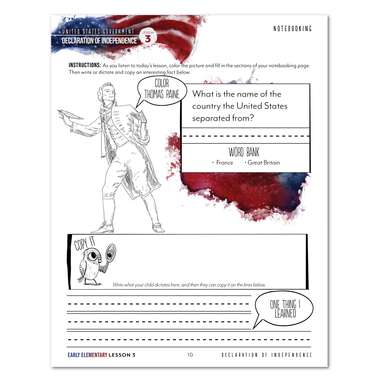 US Government Homeschool Study Unit Digital Printed Early Elementary Student Book Lesson 3 Notebooking