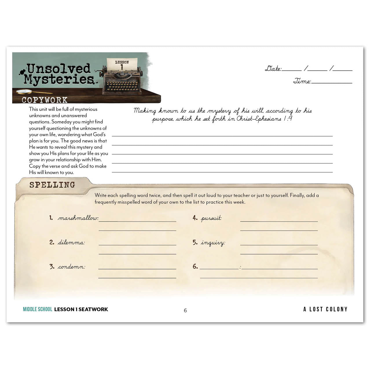 Unsolved Mysteries Homeschool Unit Study Printed Seatwork Journal Cursive Middle School Lesson 1 Copywork and Spelling