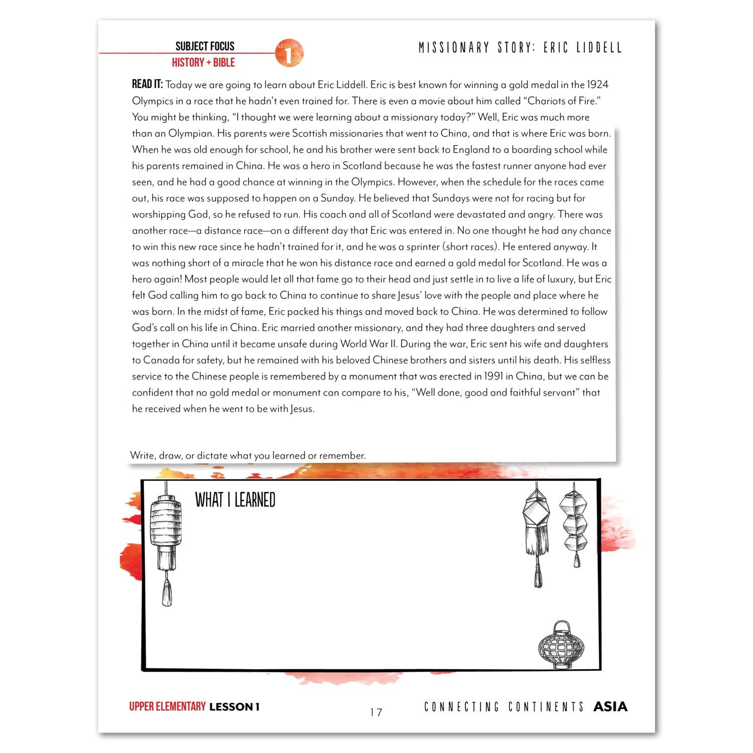 Asia Homeschool Unit Study Printed Upper Elementary Student Book Lesson 1 Page