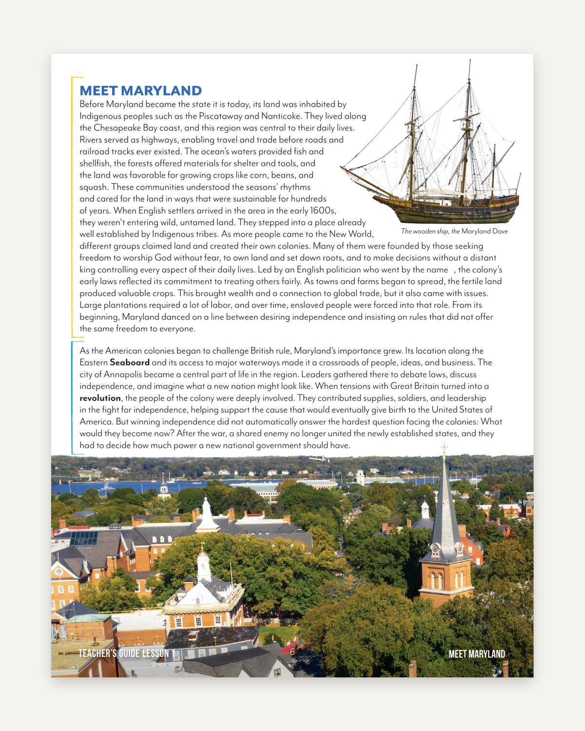 Fifty States: Maryland homeschool unit study, digital Teacher's Guide Sample Page