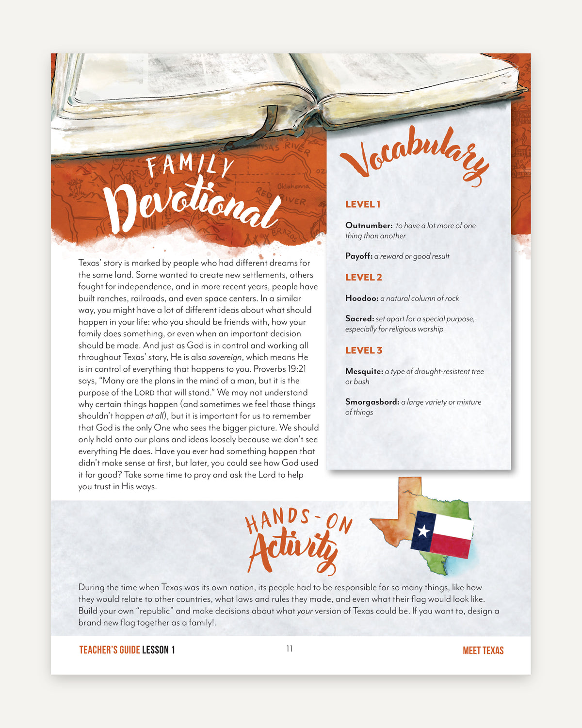 Educational page with orange and brown decorative graphics, a large title reading 'Family Devotional,' a short text excerpt, a 'Vocabulary' section, and a 'Hands on Activity' panel with a small illustration of Texas and state flag.