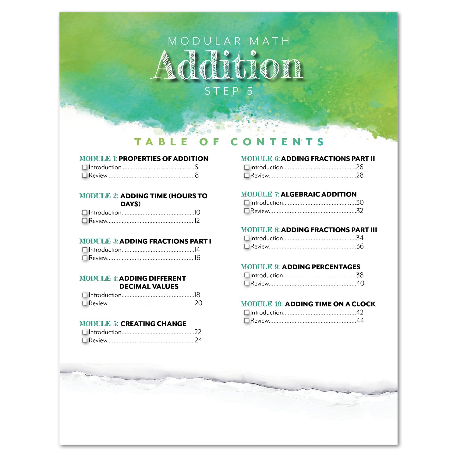 Modular Math Addition Step 5 Printed Table of Contents Page Homeschool Unit