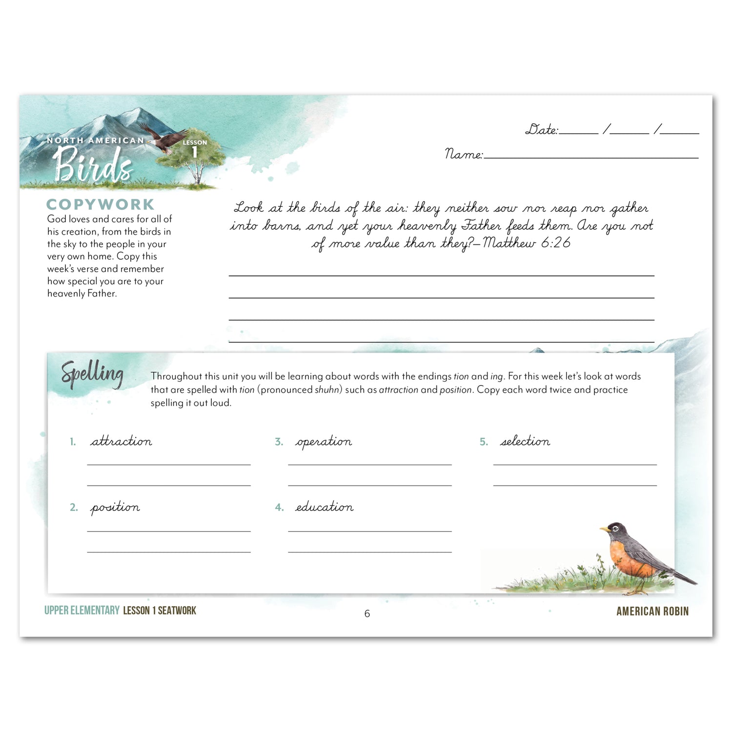North American Birds part two homeschool unit study digital student seatwork journal in cursive for upper elementary lesson one