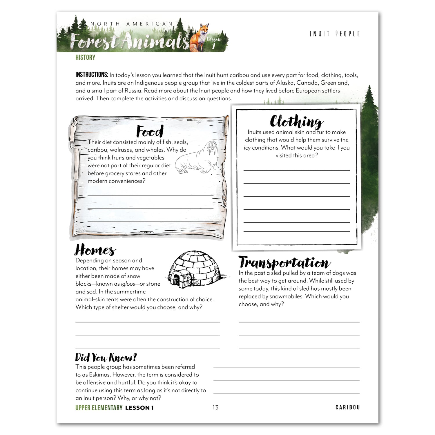 North American Forest Animals homeschool unit study print student workbook upper elementary lesson one