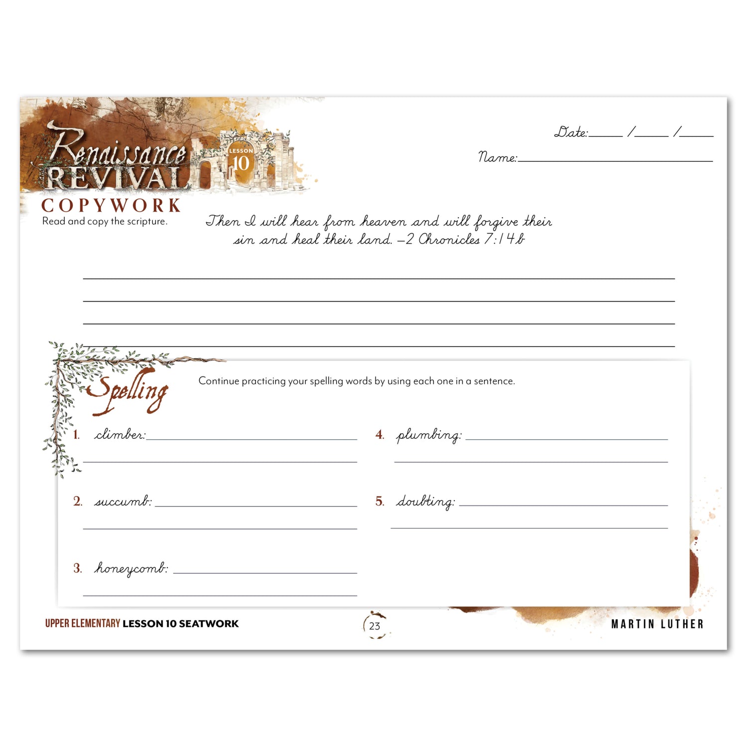 Renaissance and Revival Homeschool Unit Study Digital Seatwork Journal Cursive Upper Elementary Lesson 10 Copywork and Spelling