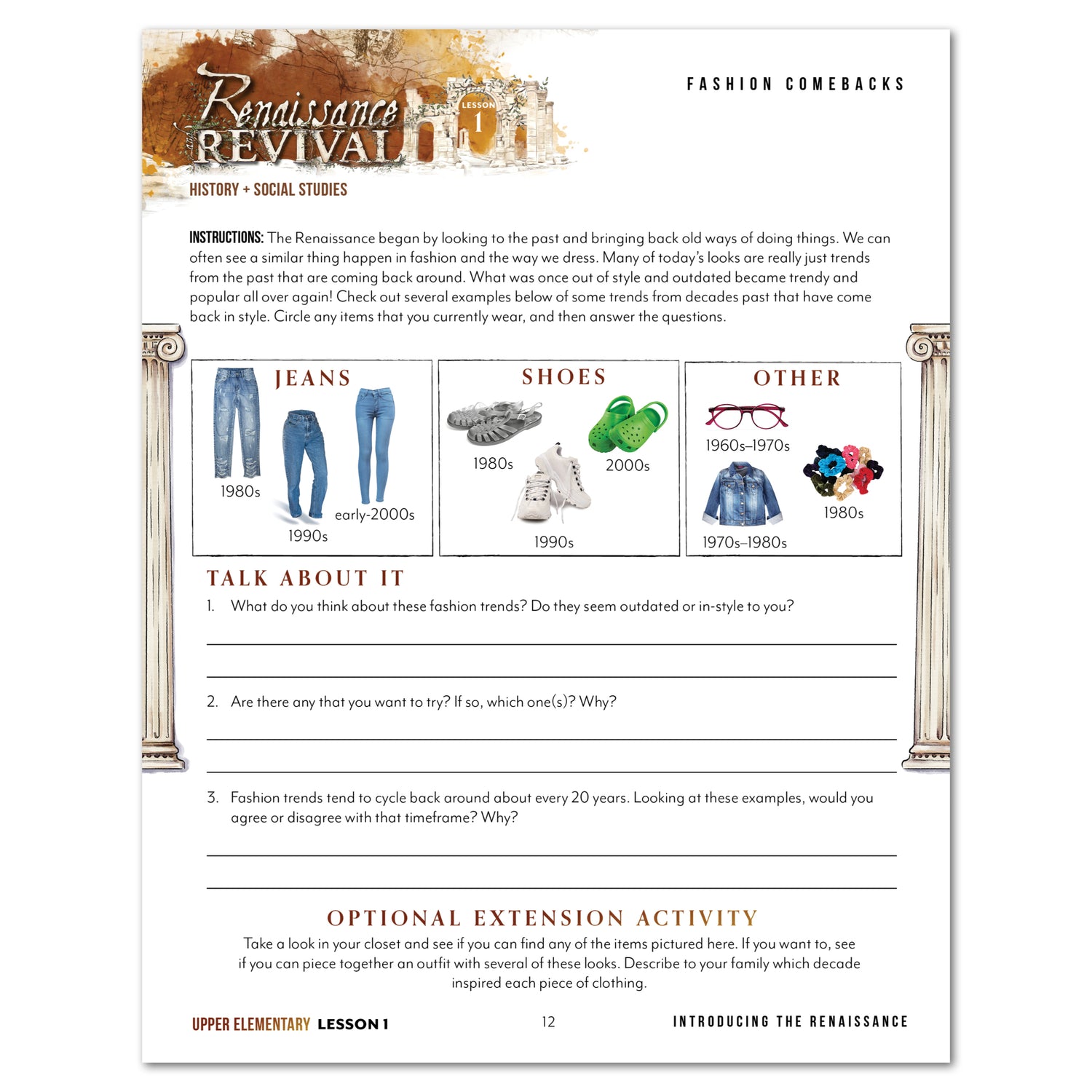 Renaissance and Revival Homeschool Unit Study Printed Digital Upper Elementary Student Book Lesson 1 Fashion Comebacks