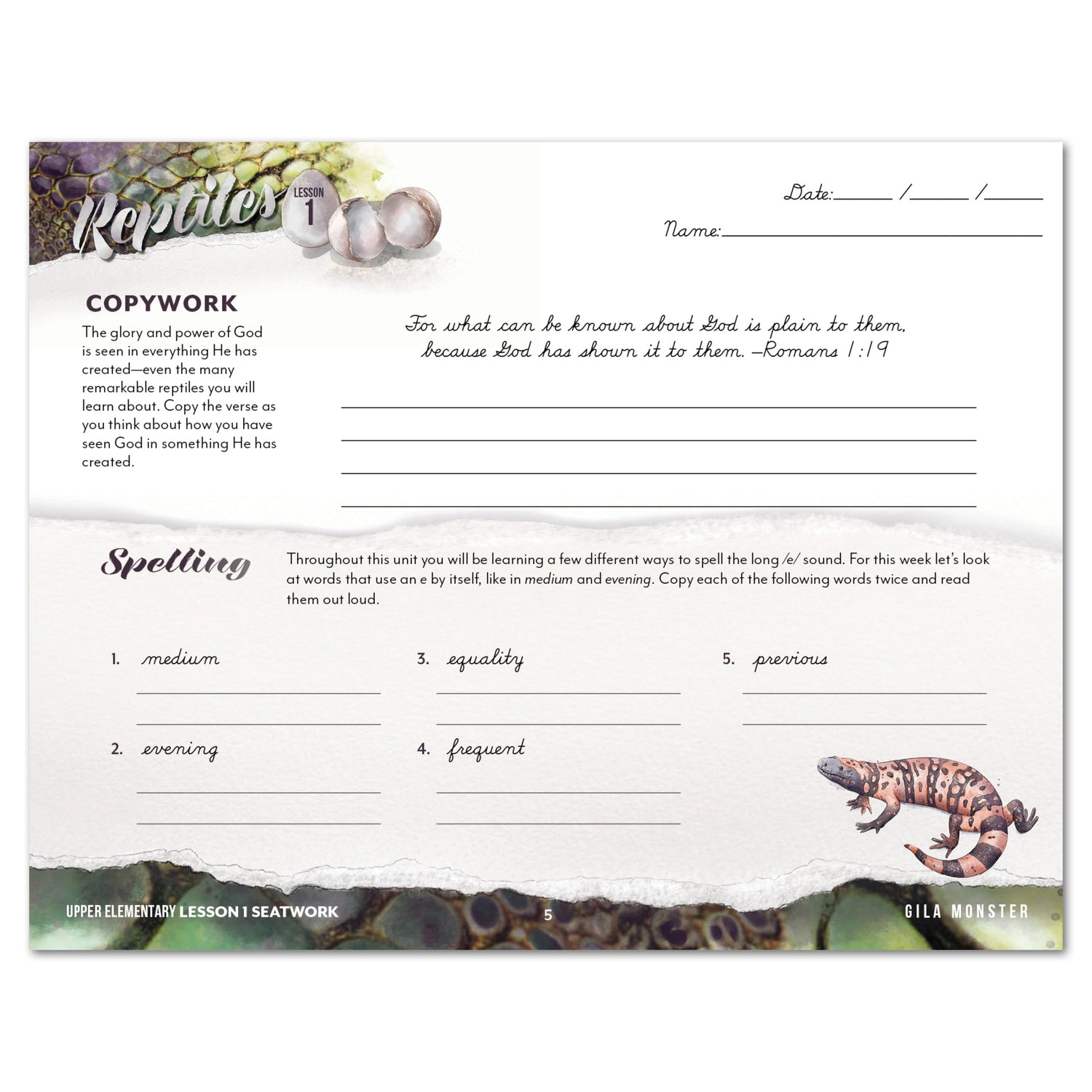 Reptiles homeschool unit study printed student seatwork journal in cursive for Upper Elementary worksheet