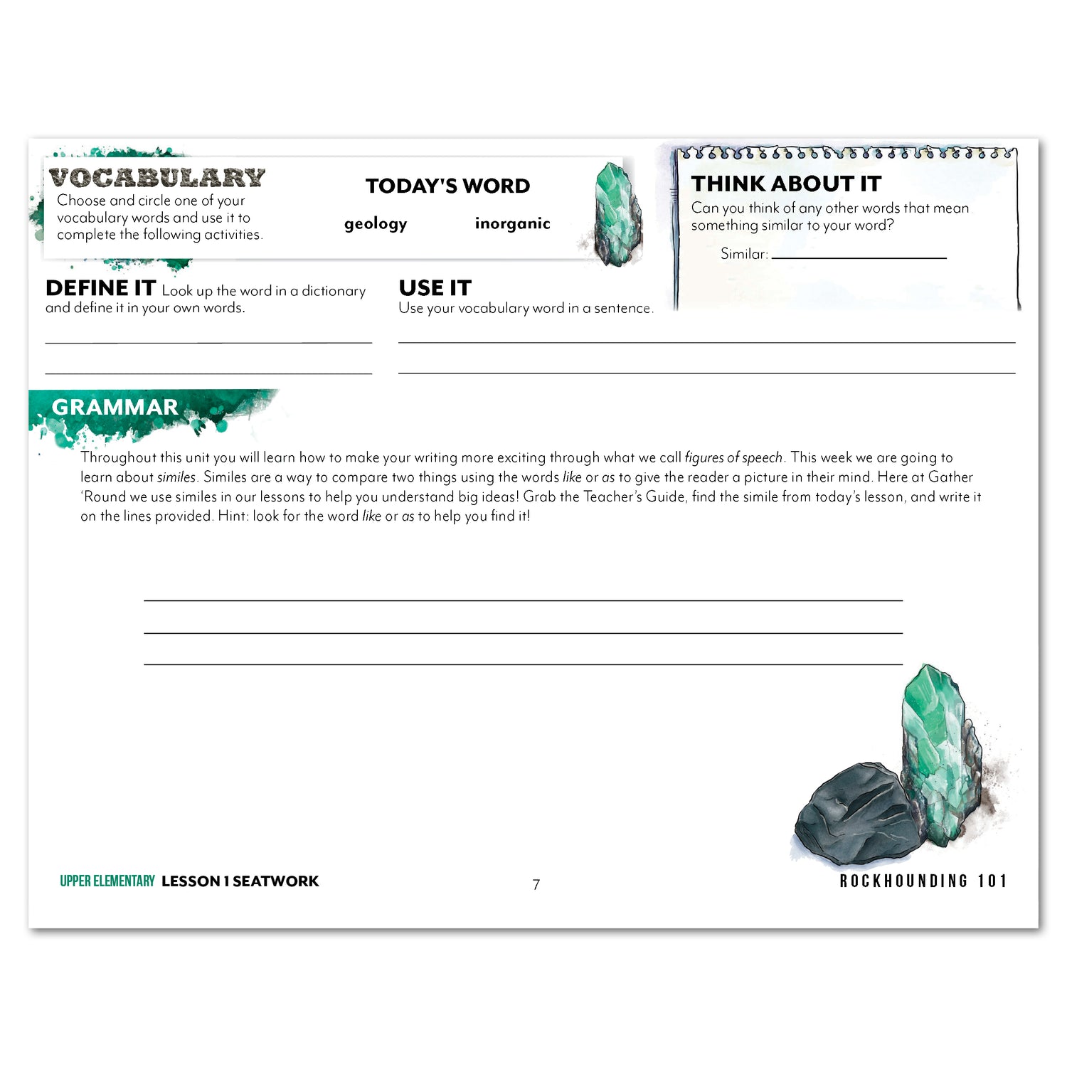 Rocks + Minerals homeschool unit study printed student seatwork journal in manuscript for Upper Elementary worksheet