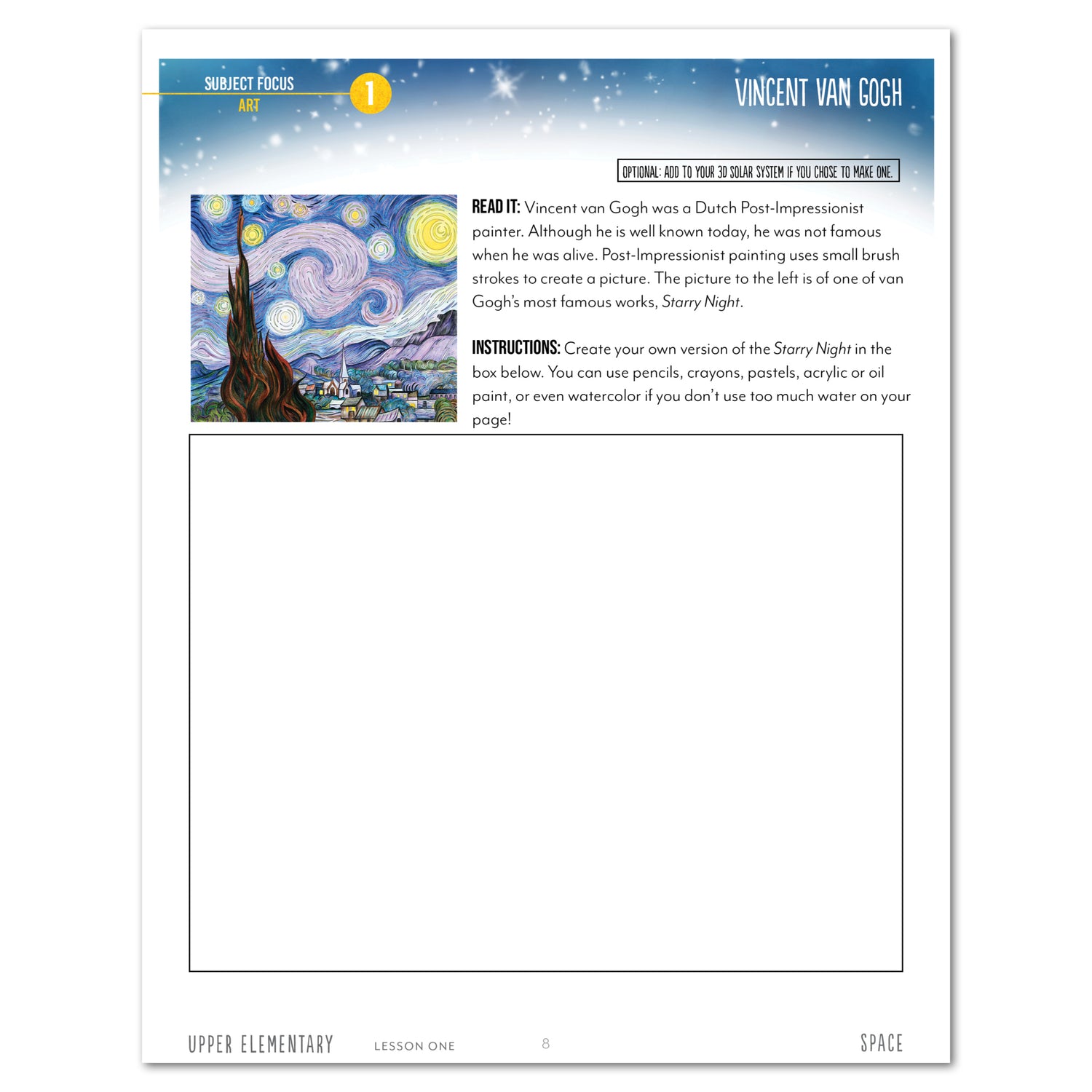 Space homeschool unit study print student workbook student workbook Upper Elementary Vincent Van Gogh