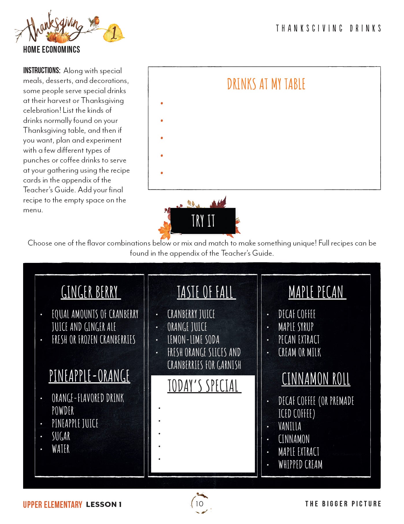Thanksgiving Homeschool Unit Study Printed Upper Elementary Student Book Lesson 1 Thanksgiving Drinks