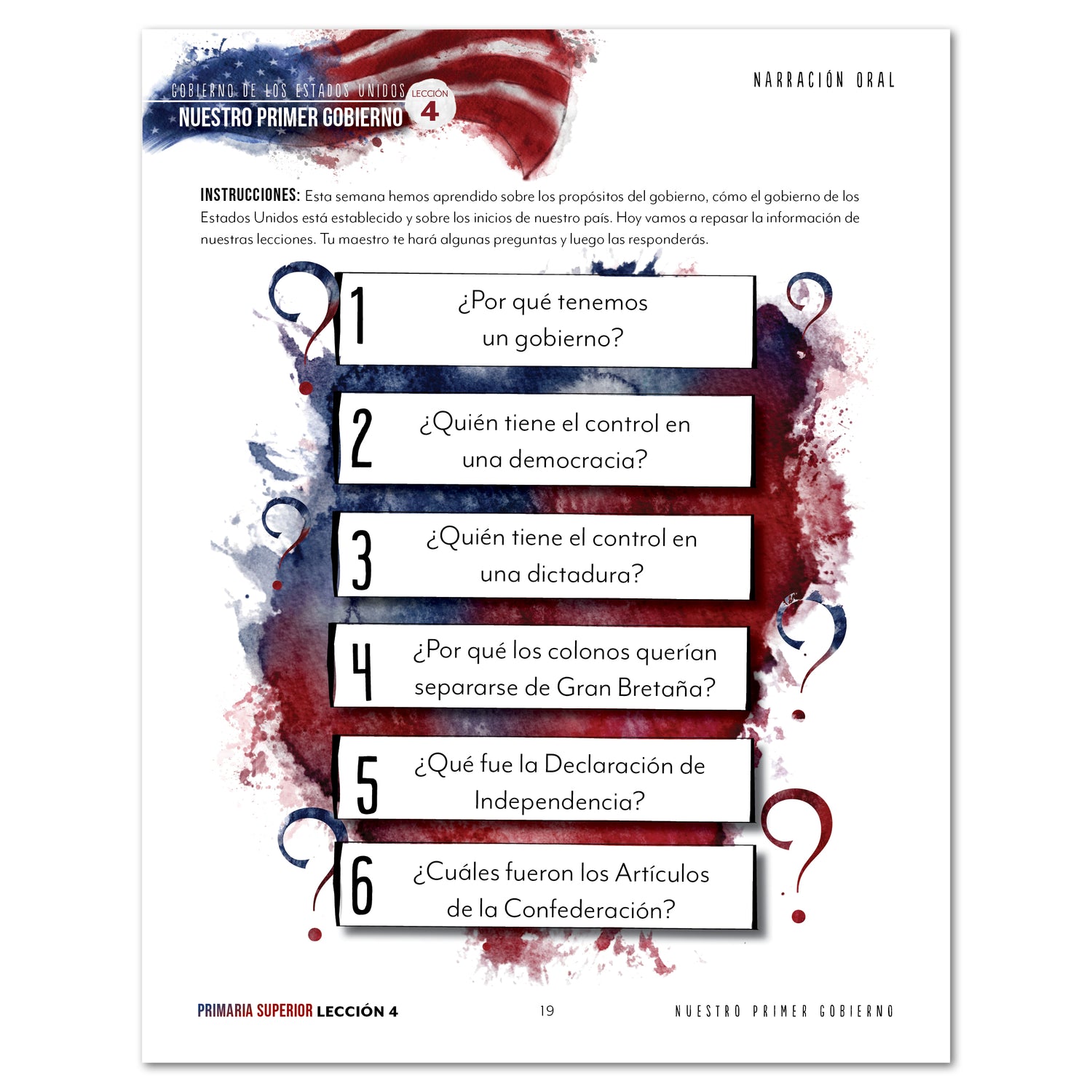 US Government Spanish Edition Homeschool Unit Study Digital Download Upper Elementary Student Book Lesson 4 Oral Narration