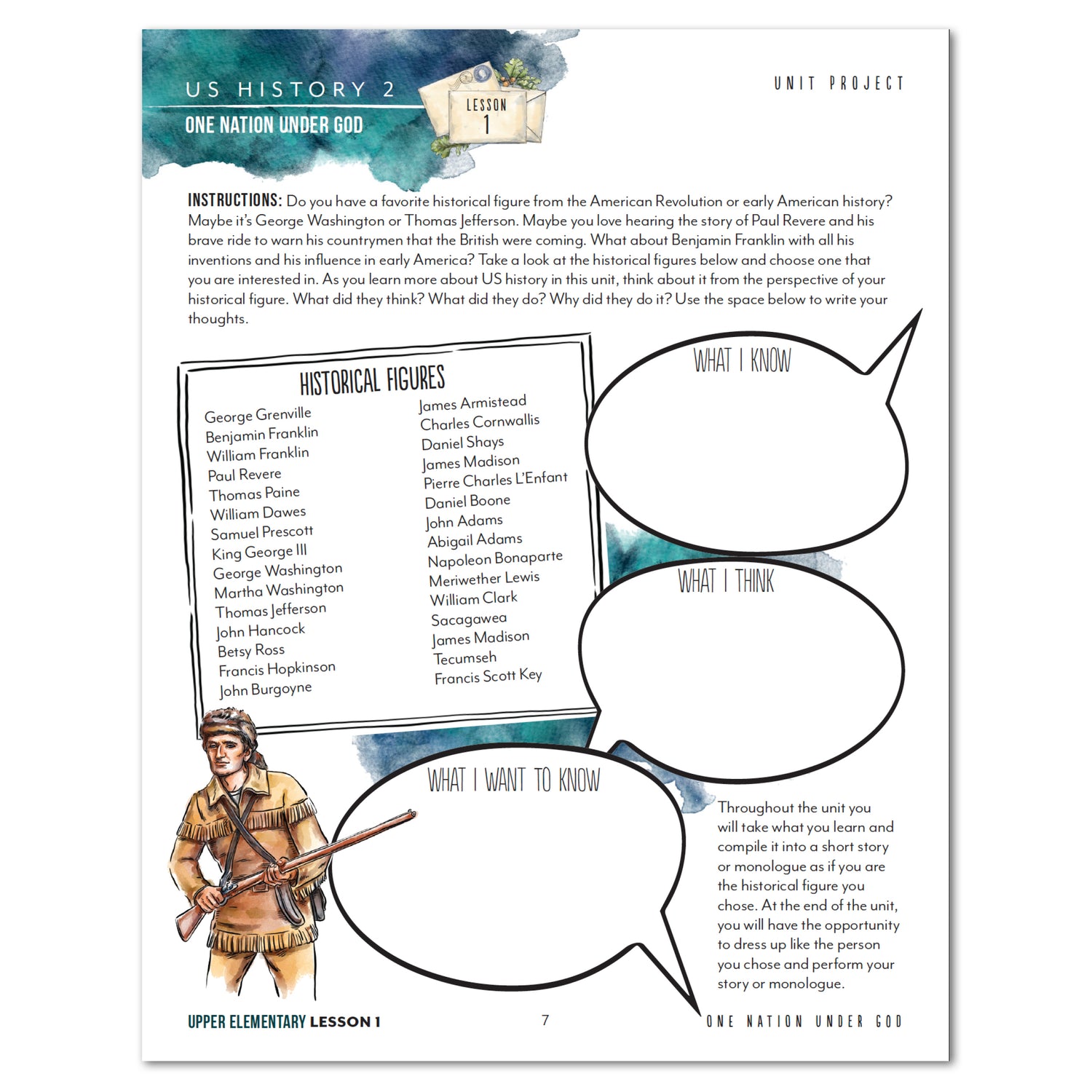 US History 2: Rise to Independence: 1763-1815 Homeschool Study Unit Printed Upper Elementary Student Book Lesson 1 Unit Project