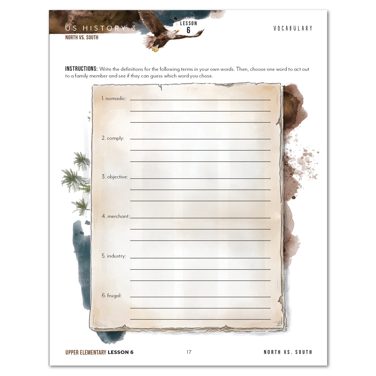US History 3: Growing Identity: 1816-1899 Adventures Though History Homeschool Printed Upper Elementary Student Book Lesson 6 Vocabulary