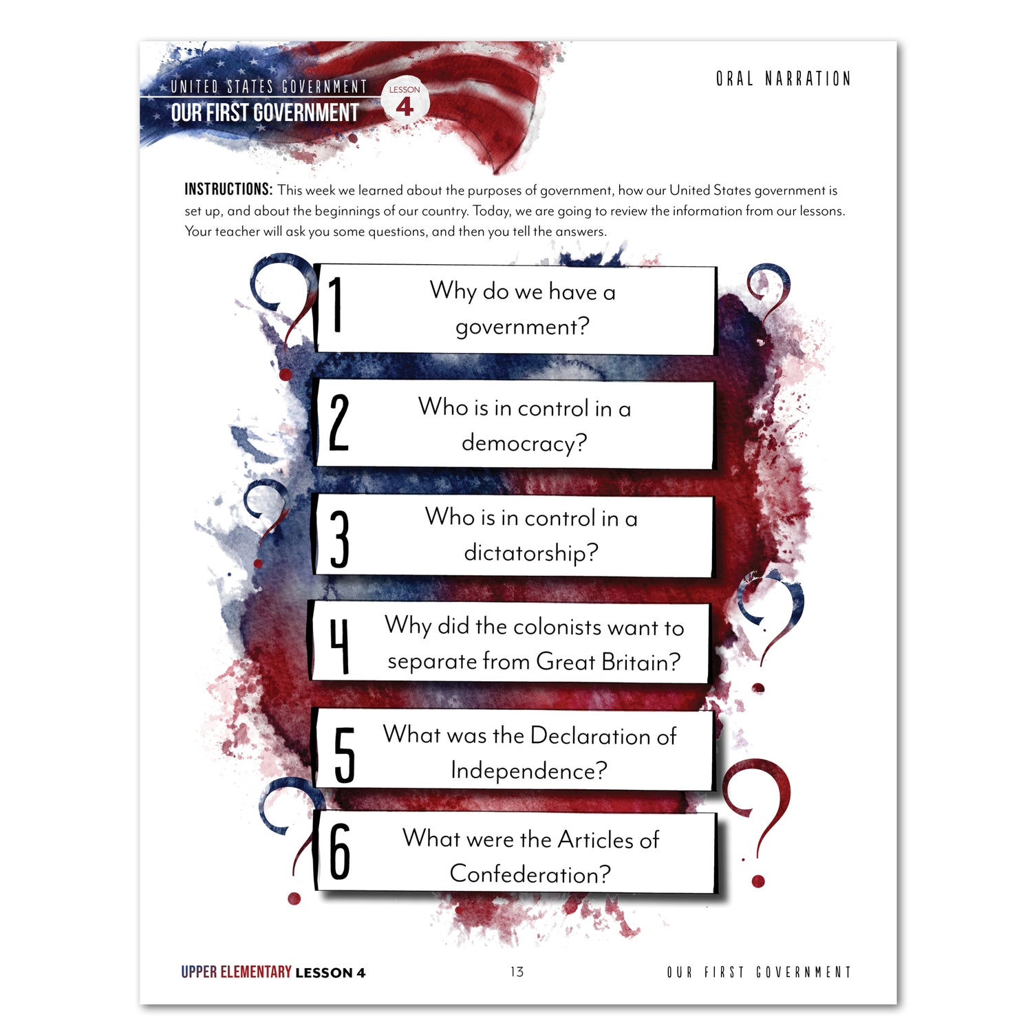 US Government Homeschool Study Unit Digital Printed Upper Elementary Student Book Lesson 4 Oral Narration