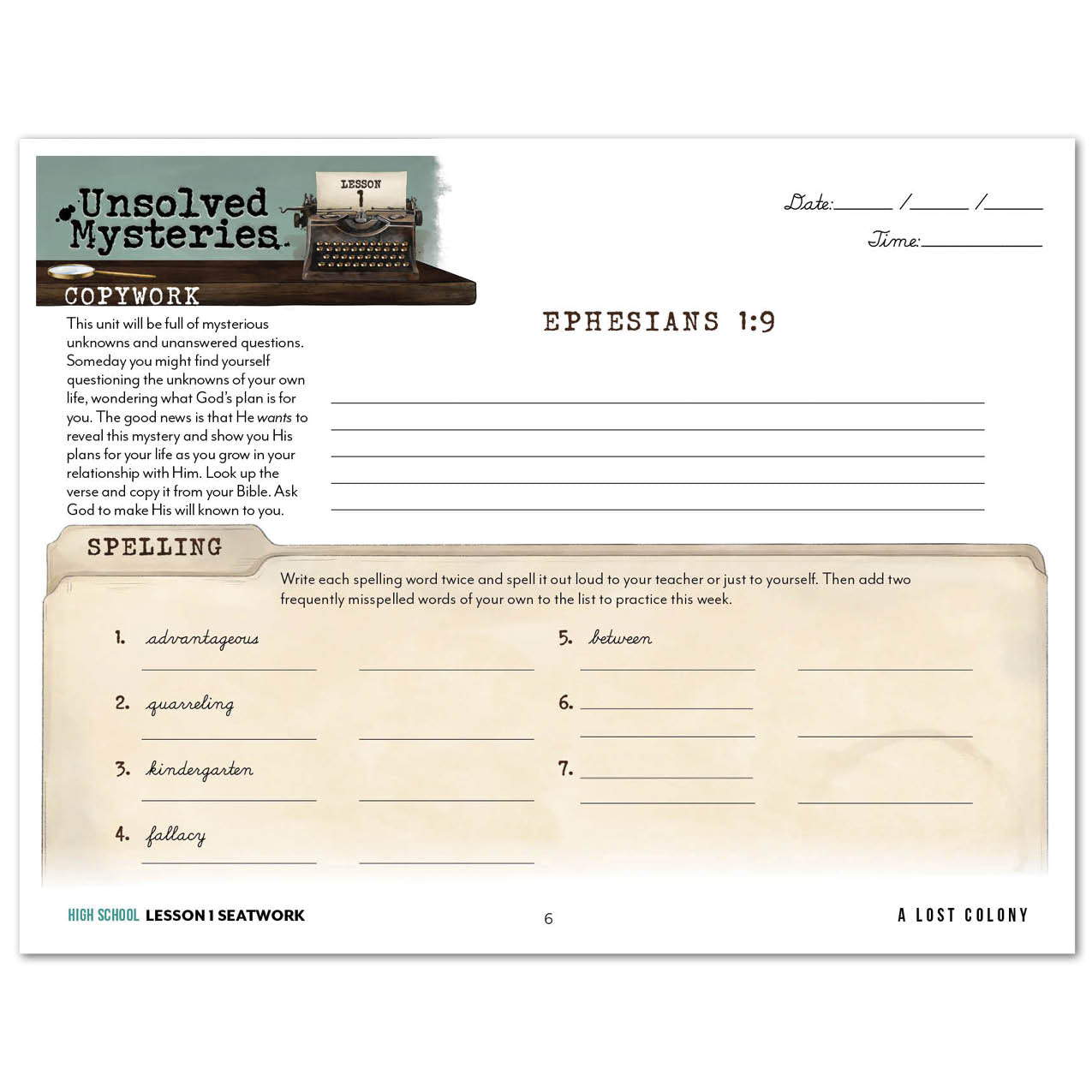 Unsolved Mysteries Homeschool Unit Study Printed Seatwork Journal Cursive High School Lesson 1 Copywork and Spelling