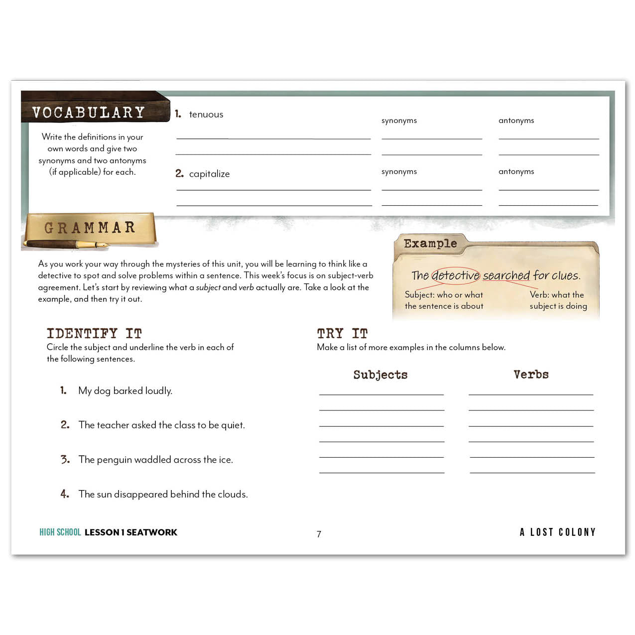 Unsolved Mysteries Homeschool Study Unit Digital Seatwork Journal Manuscript High School Vocabulary and Grammar