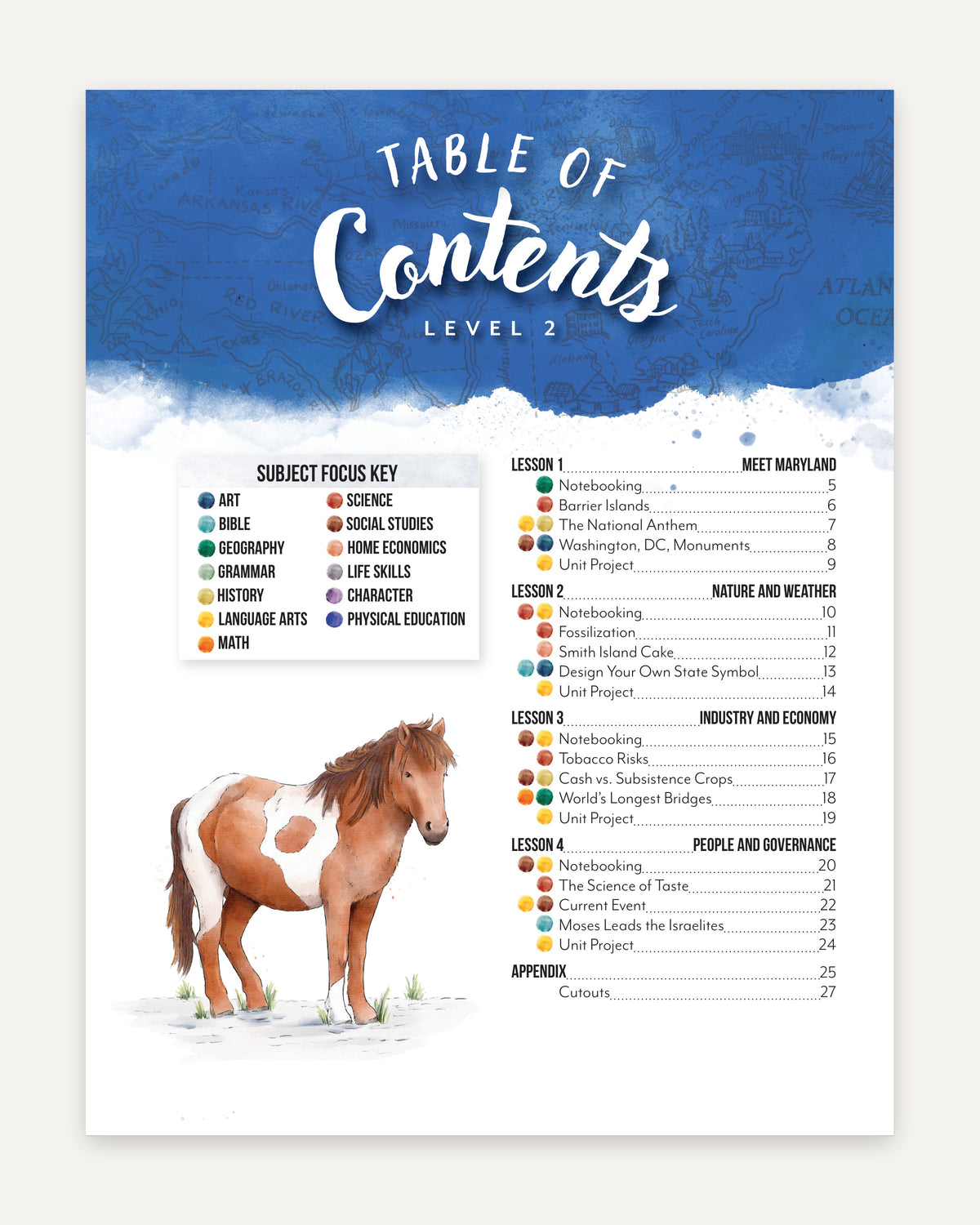 Fifty States: Maryland homeschool unit study, digital Level 2 Student Book Table of Contents