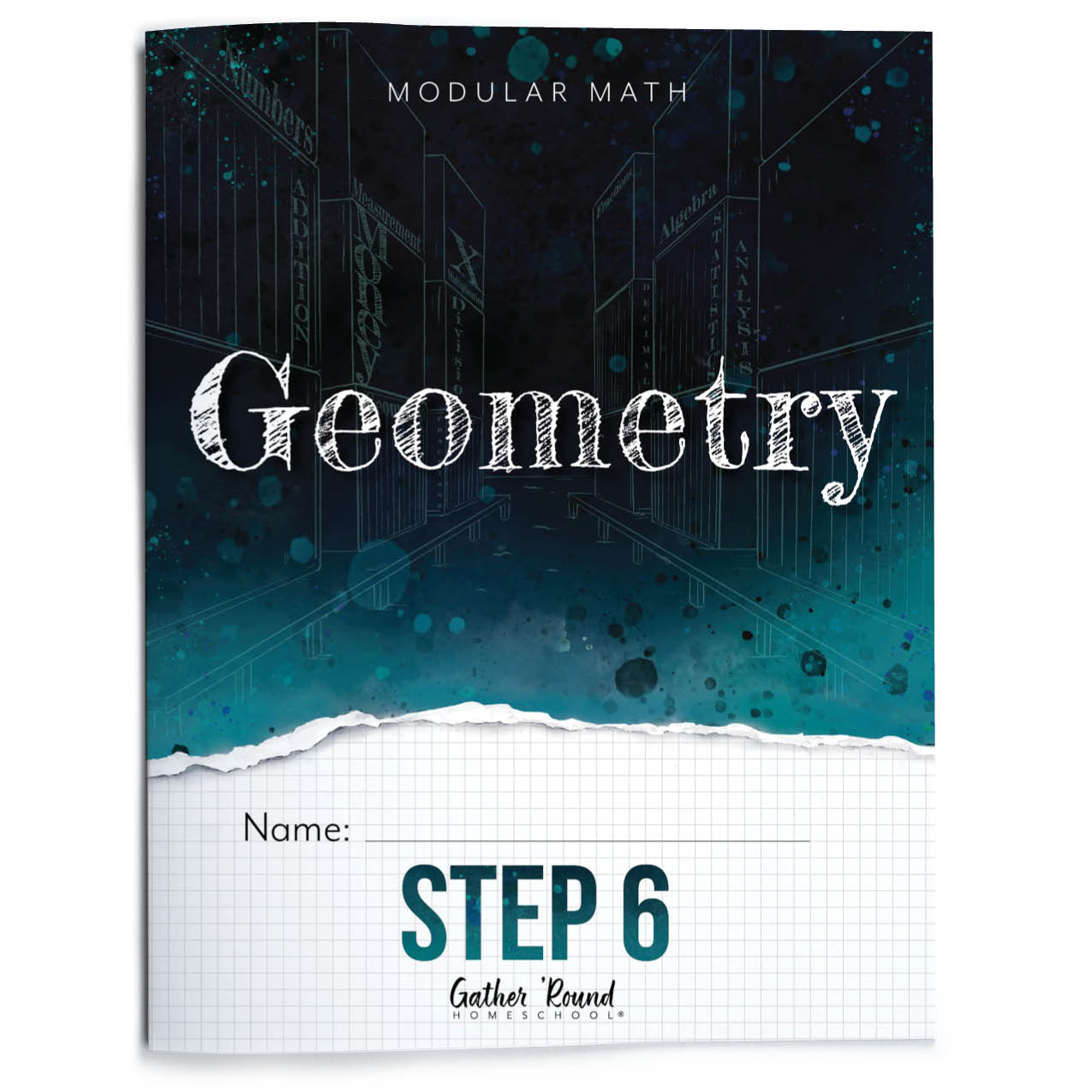Geometry textbook with a dark blue cover and grid pattern on a white background