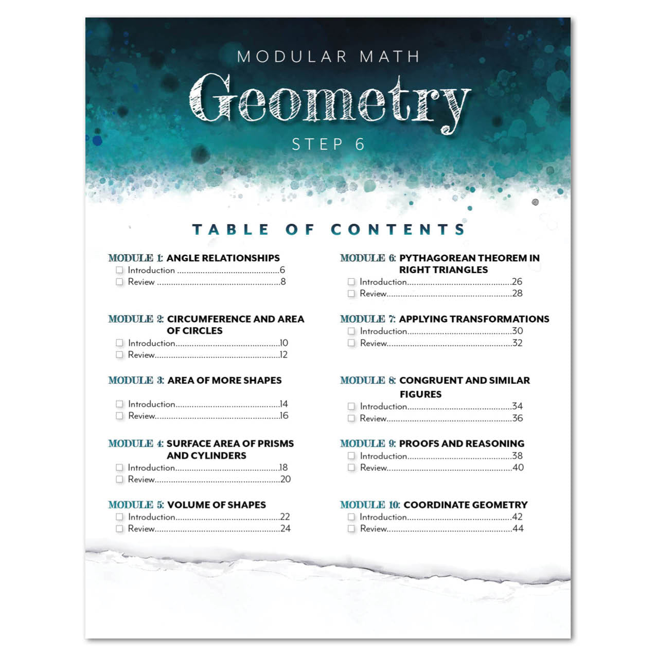 Table of contents for a modular math geometry textbook on a white background