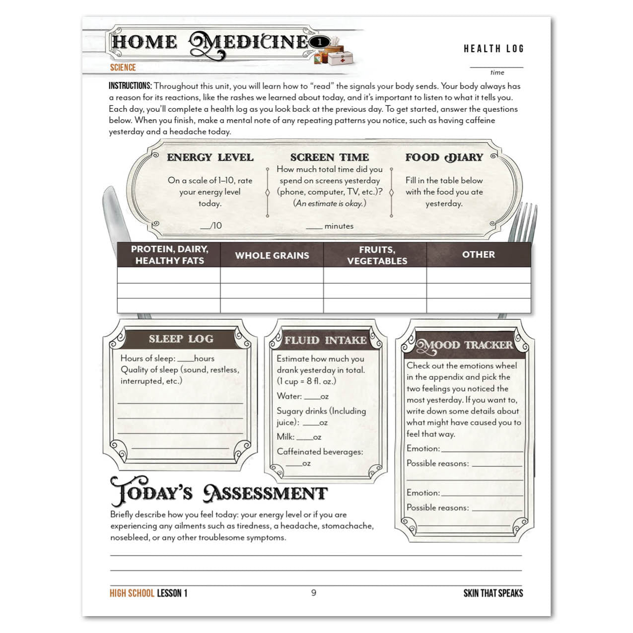 An educational worksheet page titled 'Home Medicine: Science' with sections for energy level, screen time, food diary, sleep log, fluid intake, and mood tracker, plus an assessment area at the bottom.