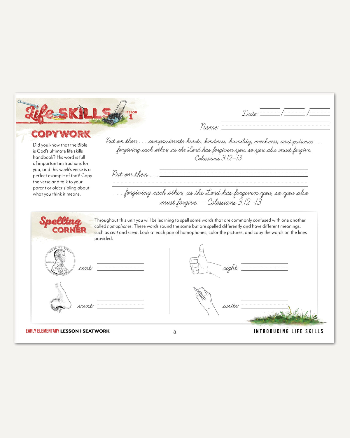 Life Skills homeschool unit study digital early elementary cursive seatwork journal lesson 15