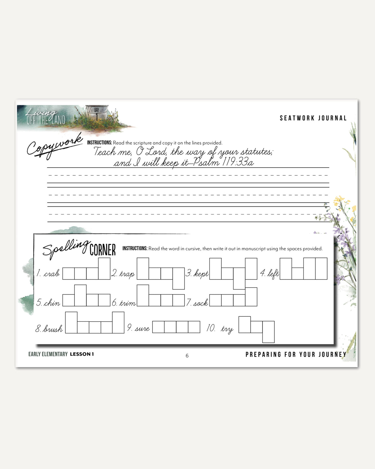 Living Off the Land homeschool unit seatwork journal digital Early Elementary student notebook in cursive lesson one