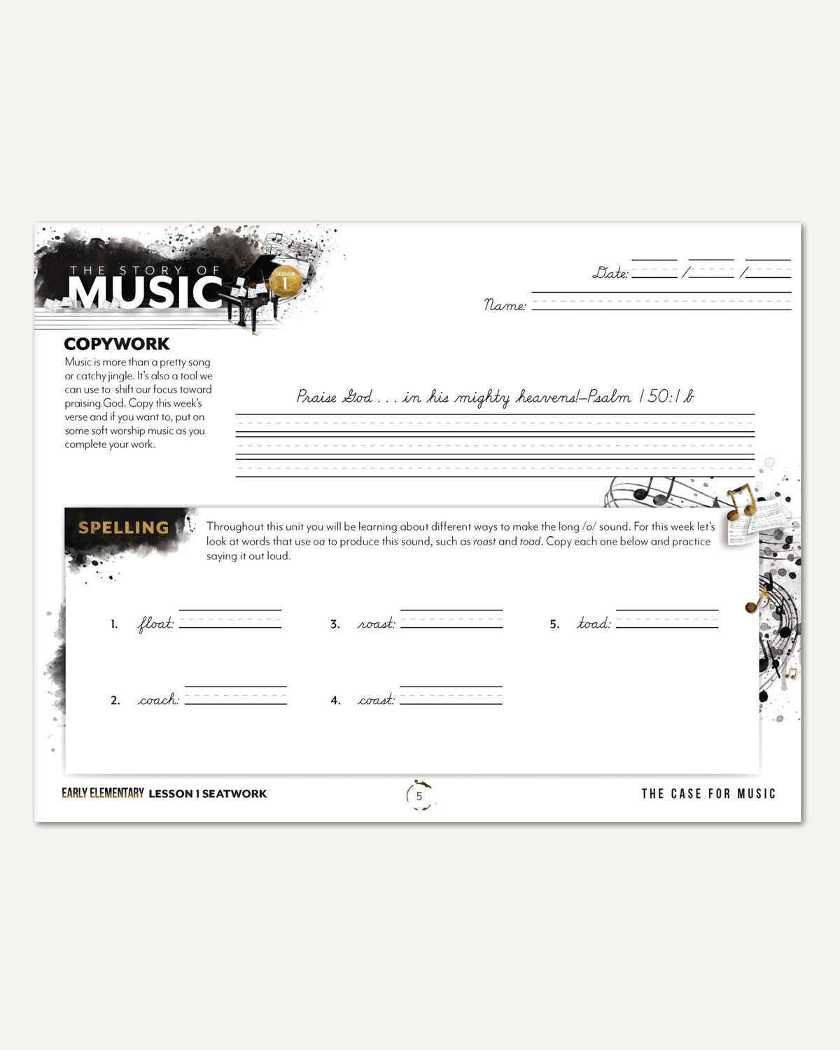 Music homeschool unit study digital student seatwork journal in cursive for early elementary lesson one