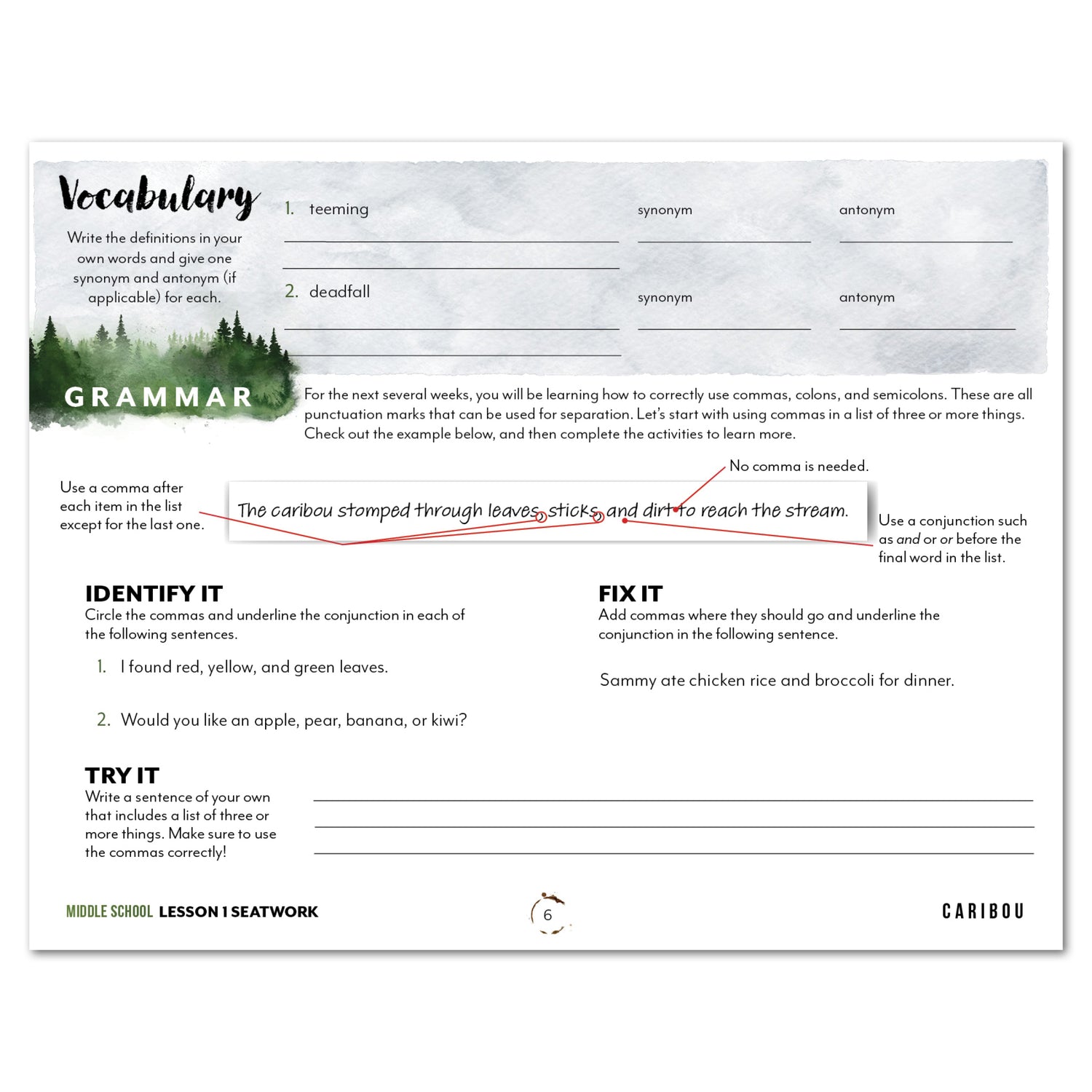 North American Forest Animals homeschool unit study print student seatwork journal in manuscript for middle school lesson one