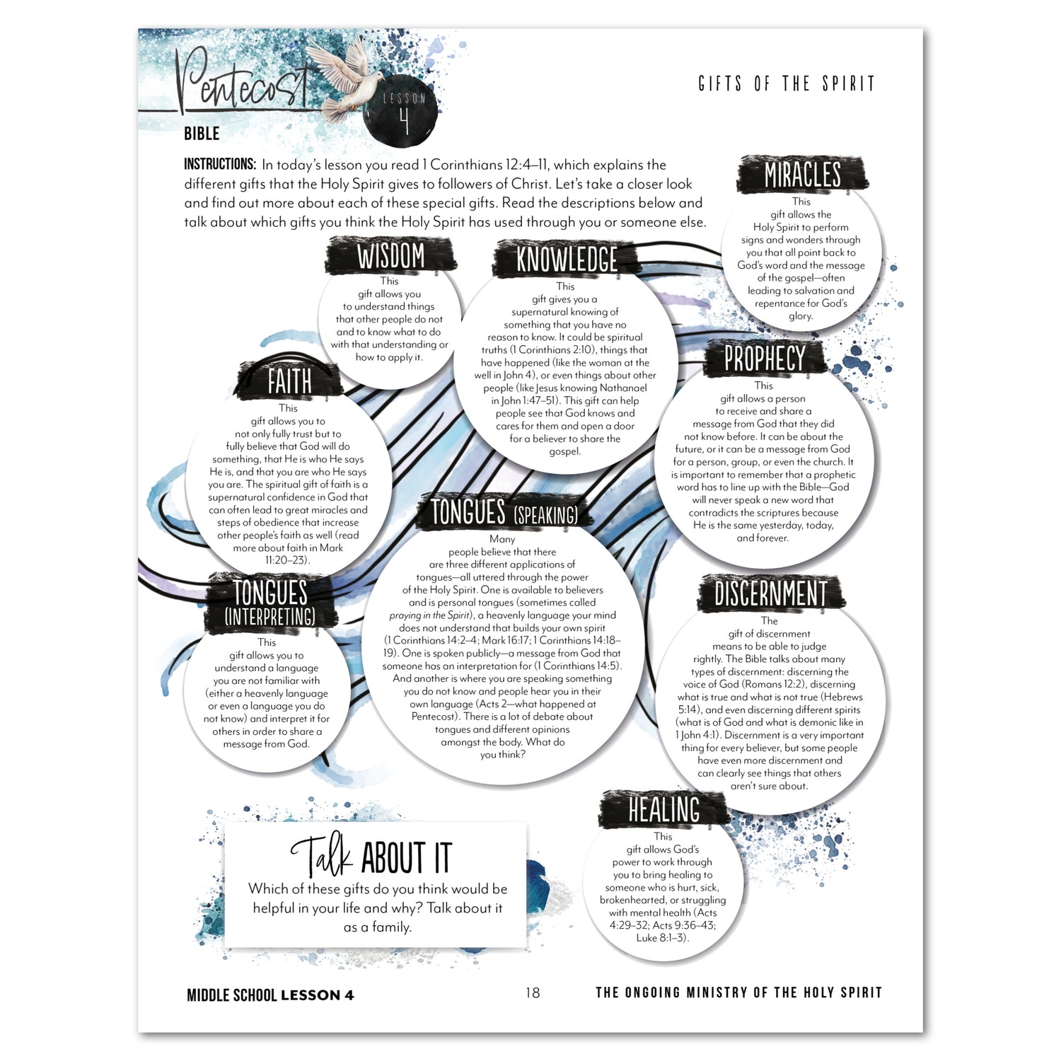 Pentecost Homeschool Unit Study Printed Middle School Student Book Lesson 1 Gifts of the Spirit