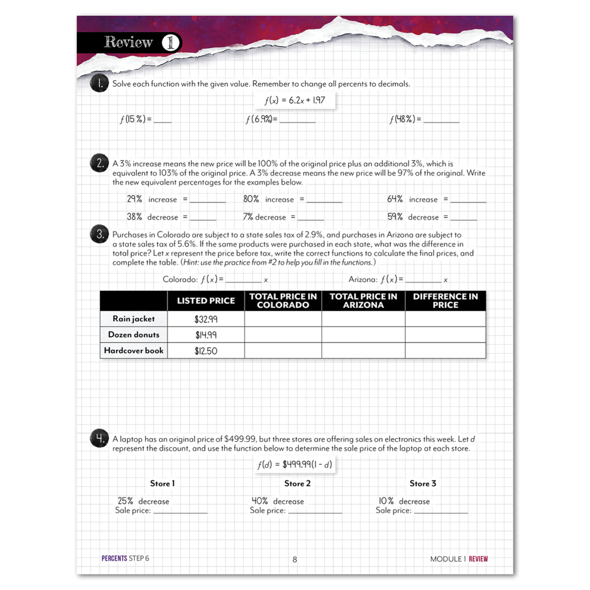 A math review worksheet page with function problems. The page has a white background with black text and grid lines.
