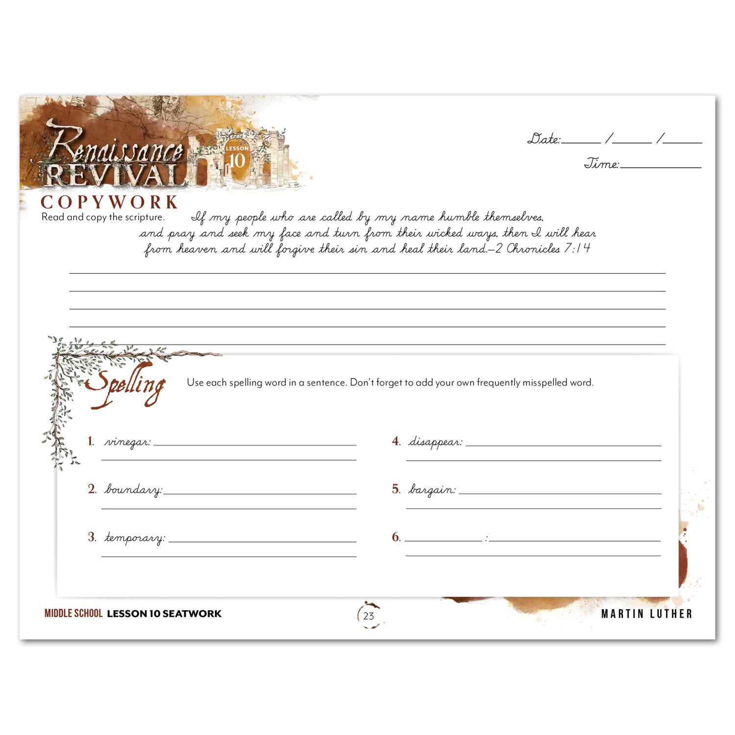 Renaissance and Revival Homeschool Unit Study Digital Seatwork Journal Cursive Middle School Lesson 10 Copwork and Spelling