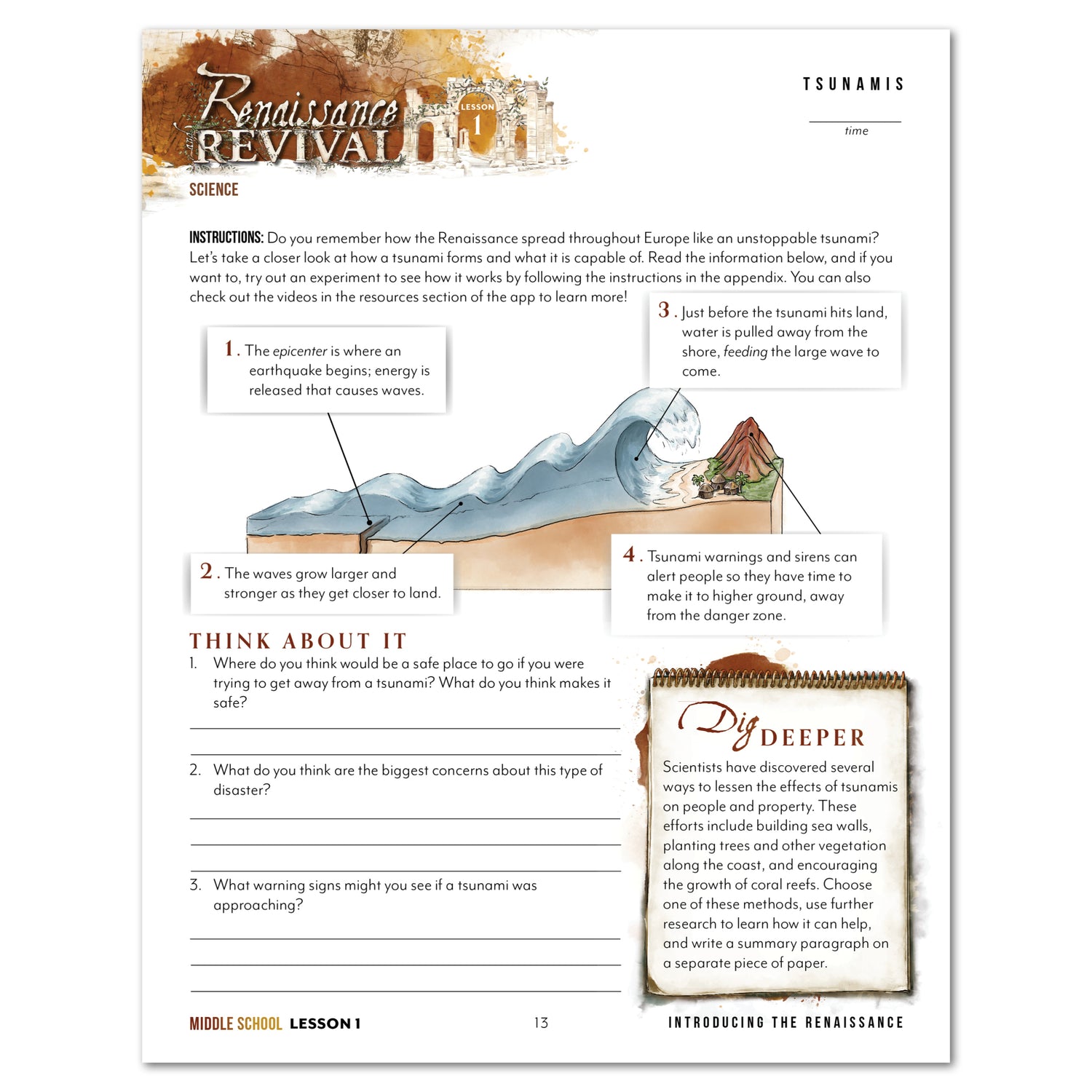 Renaissance and Revival Homeschool Unit Study Printed Digital Middle School Student Book Lesson 1 Tsunamis