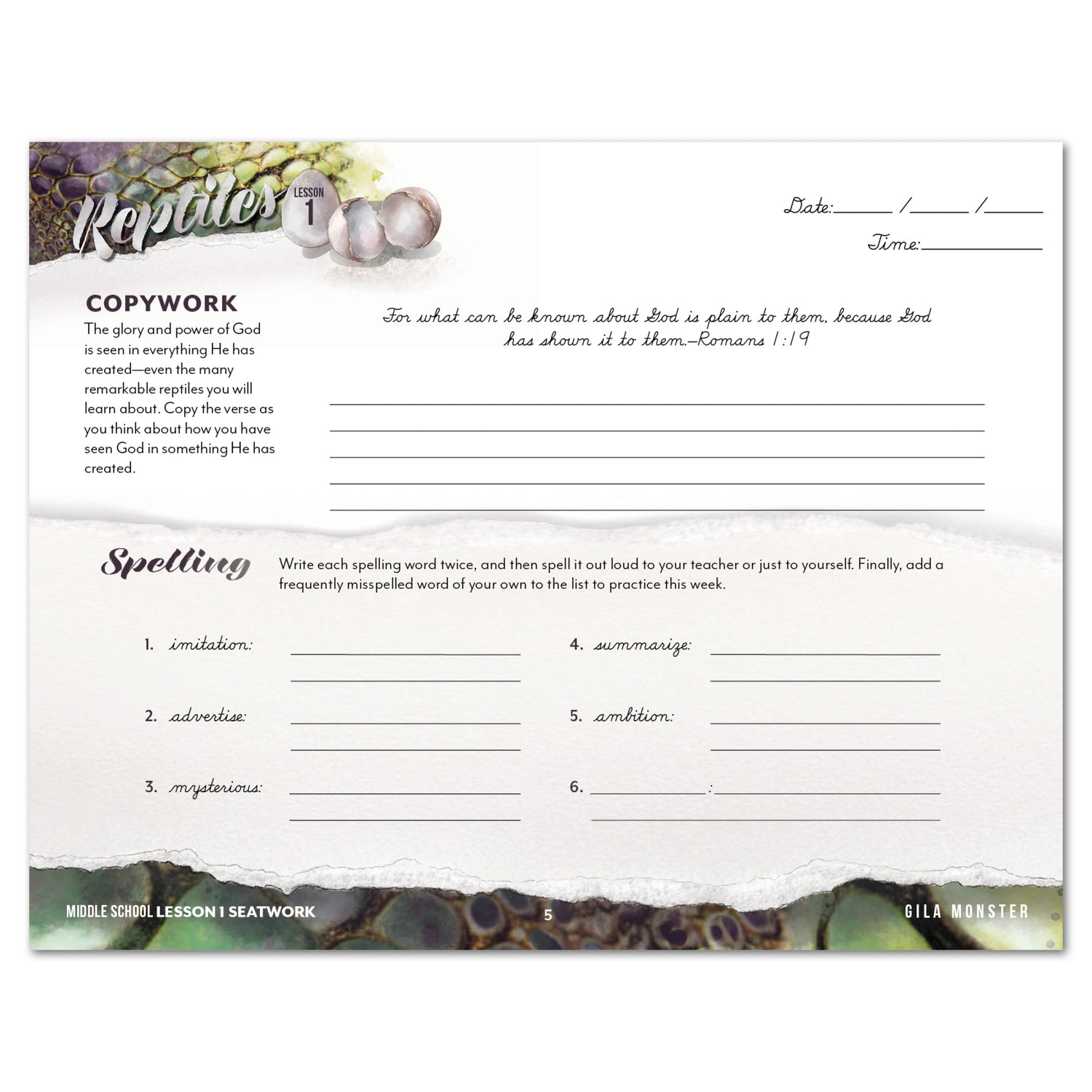 Reptiles homeschool unit study digital student seatwork journal in cursive for Middle School worksheet
