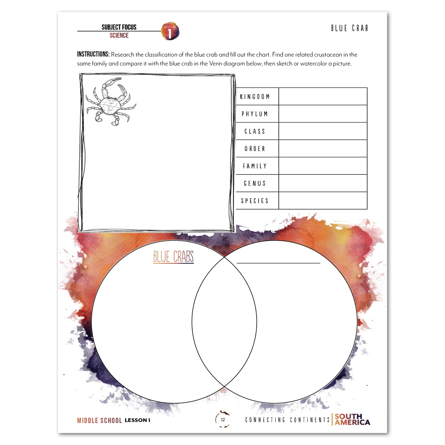 South America homeschool unit study printed student workbook Middle School blue crab worksheet