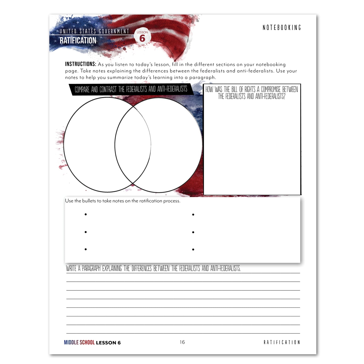 US Government Homeschool Study Unit Digital Printed Middle School Student Book Lesson 6 Notebooking